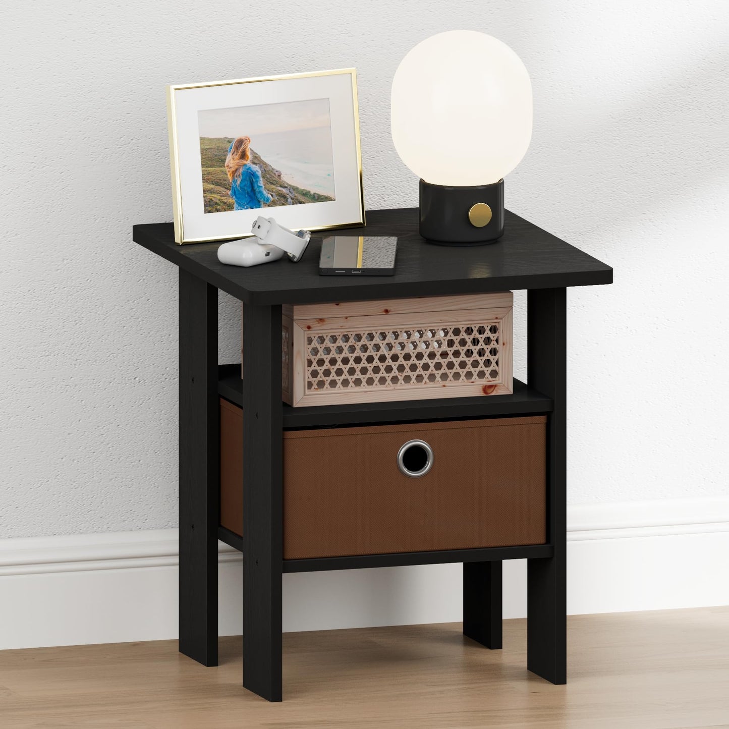 Furinno TIDUR Night Stand, Open Shelf Design Nightstand with Storage Bin, Bedside Table, End Table, Side Table, for Bedroom, Living Room, Americano