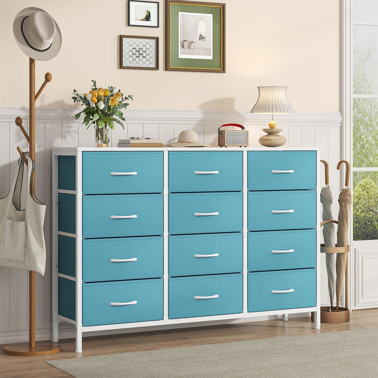 GoaHi Chest of Drawers with 12 Drawers,Bedroom Drawers, Fabric Dresser with Wood Top,Drawer Storage Unit for Bedroom, Living room,Blue