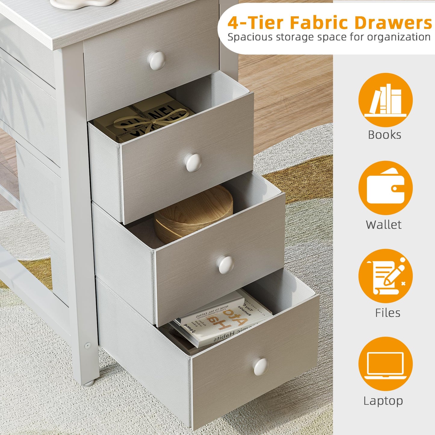 BEXEVUE Small L Shaped Desk with 4 Drawers and Power Strips, 120cm Comuputer Desk with Fabric Storage Drawers