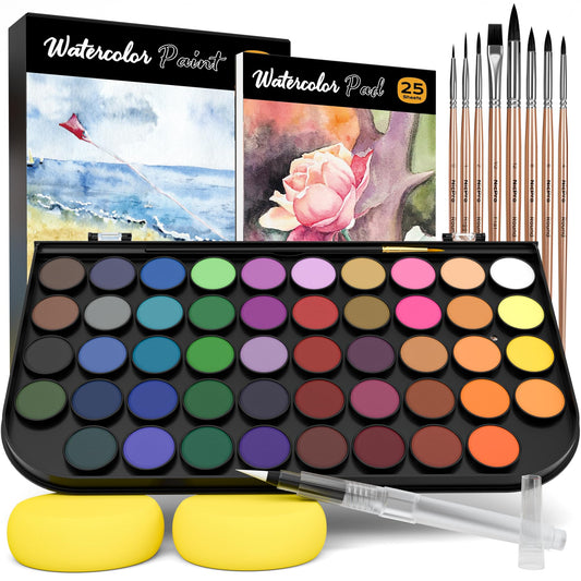 Nicpro 13 pcs Watercolour Paint Set, 48 Water Colors Kit with 8 Painting Brushes, Palette, Watercolour Pen, 25 Art Pad Paper, 2 Art Sponges, Non-toxic