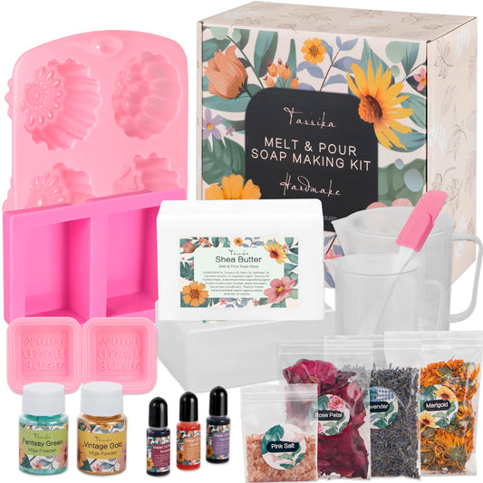 Handmade Soap Making Kit Supplies, DIY Melt & Pour Soap Making Kit for Adults: Includes 2lbs Soap Base, Dried Flowers, Pigment, Silicon Mold,