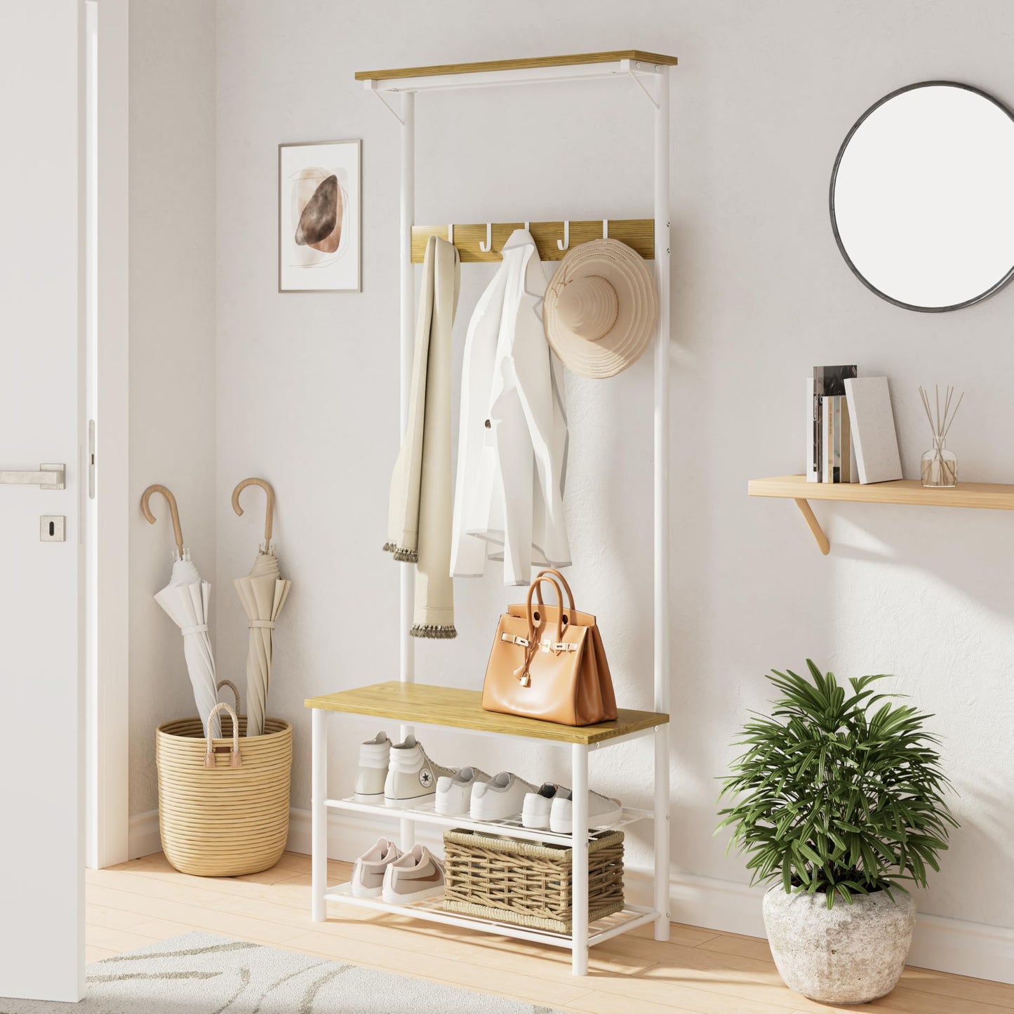 HEYZOEY Coat Stand, Coat Rack with Shoe Storage, 3-in-1 Freestanding Wooden Coat Rack with Shoe Bench and Rack, 3-Tier Shelf and 4 Removable Hooks