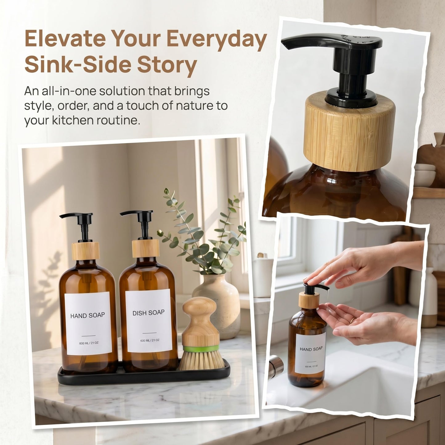 Hand & Dish Soap Dispenser with Dish Brush, Washing Up Liquid Dispenser Set 600ml/21oz, PET Plastic Bottle with Bamboo Pump