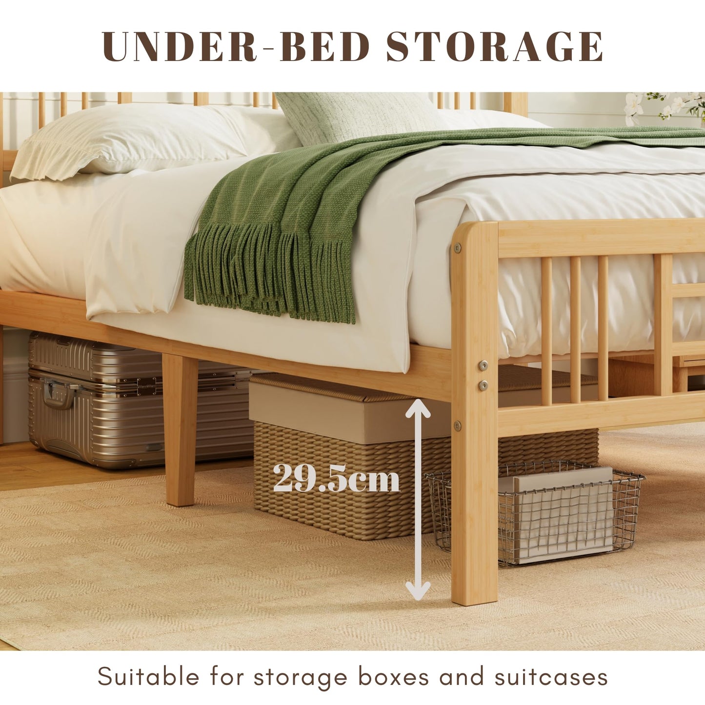 Hunlostten Wooden Bed Frame Single with Headboard - Bamboo Wood Bed Frames with Metal Slats Support and Underbed Storage, Easy to Install, Noise Free