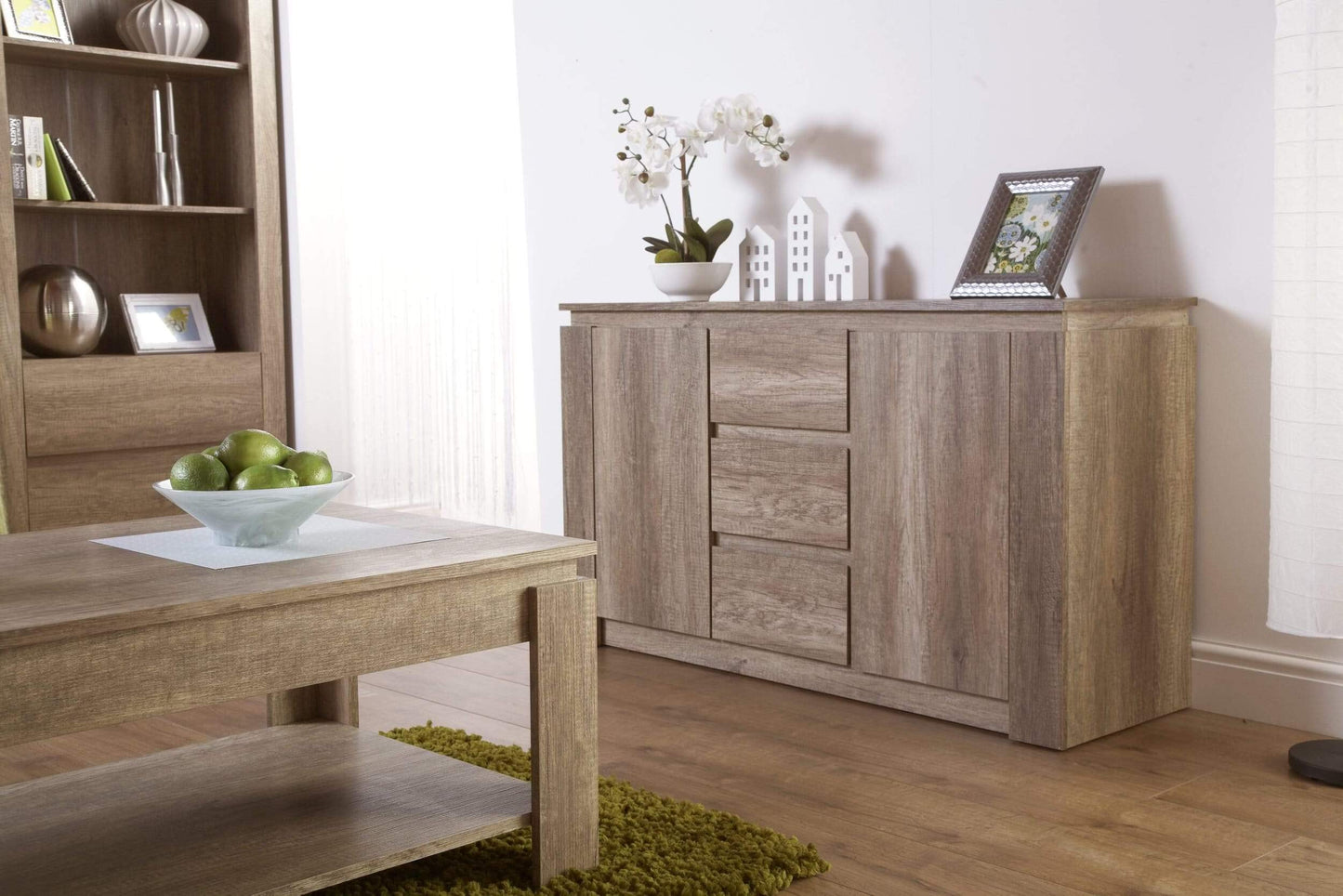 GFW Canyon Oak Sideboard Unit – 3 Drawers & 2 Door Storage Cabinet with Adjustable Shelves for Living Room, Kitchen or Bathroom, 119 x 39.5 x 70 cm