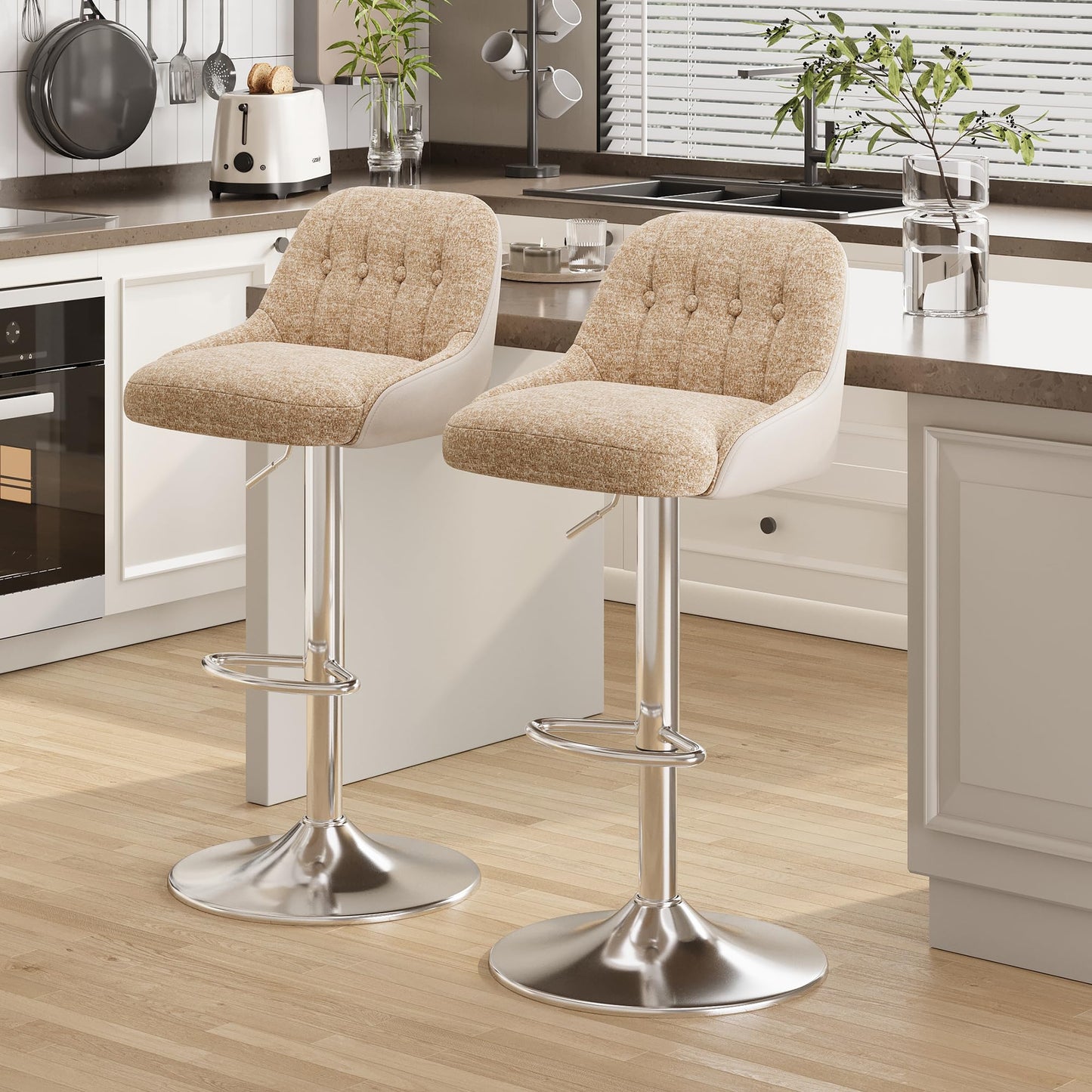 Adjustable Bar Stools Set of 2, Swivel Counter Stools with Backrest, Chenille & Faux Leather Upholstered Bar Chairs