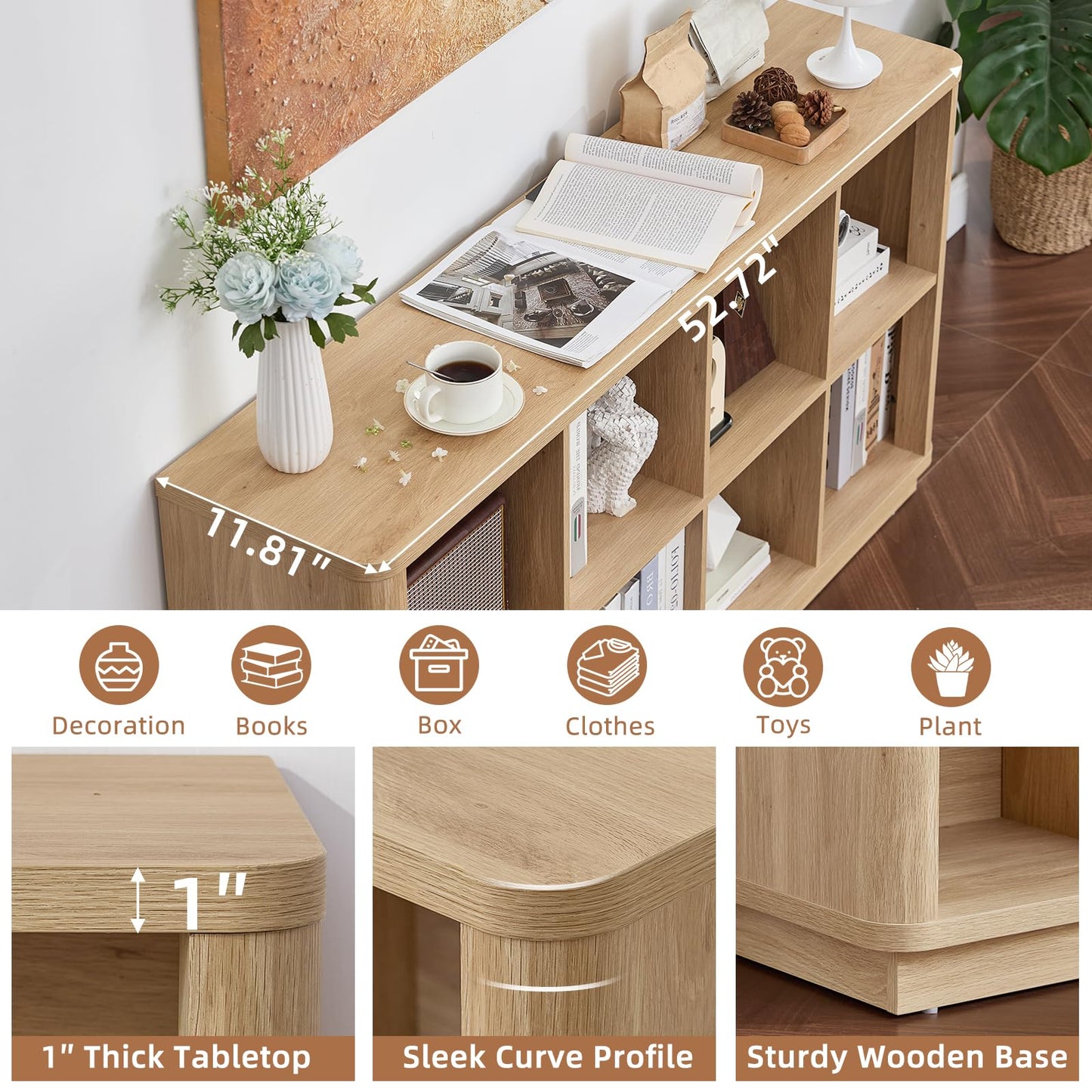 LELELINKY 8 Cube Storage Bookcase, 53" Wide Wooden Book Shelf with Thickened Base, Freestanding 2-Tier Open Book Case Unit with Curved Edge
