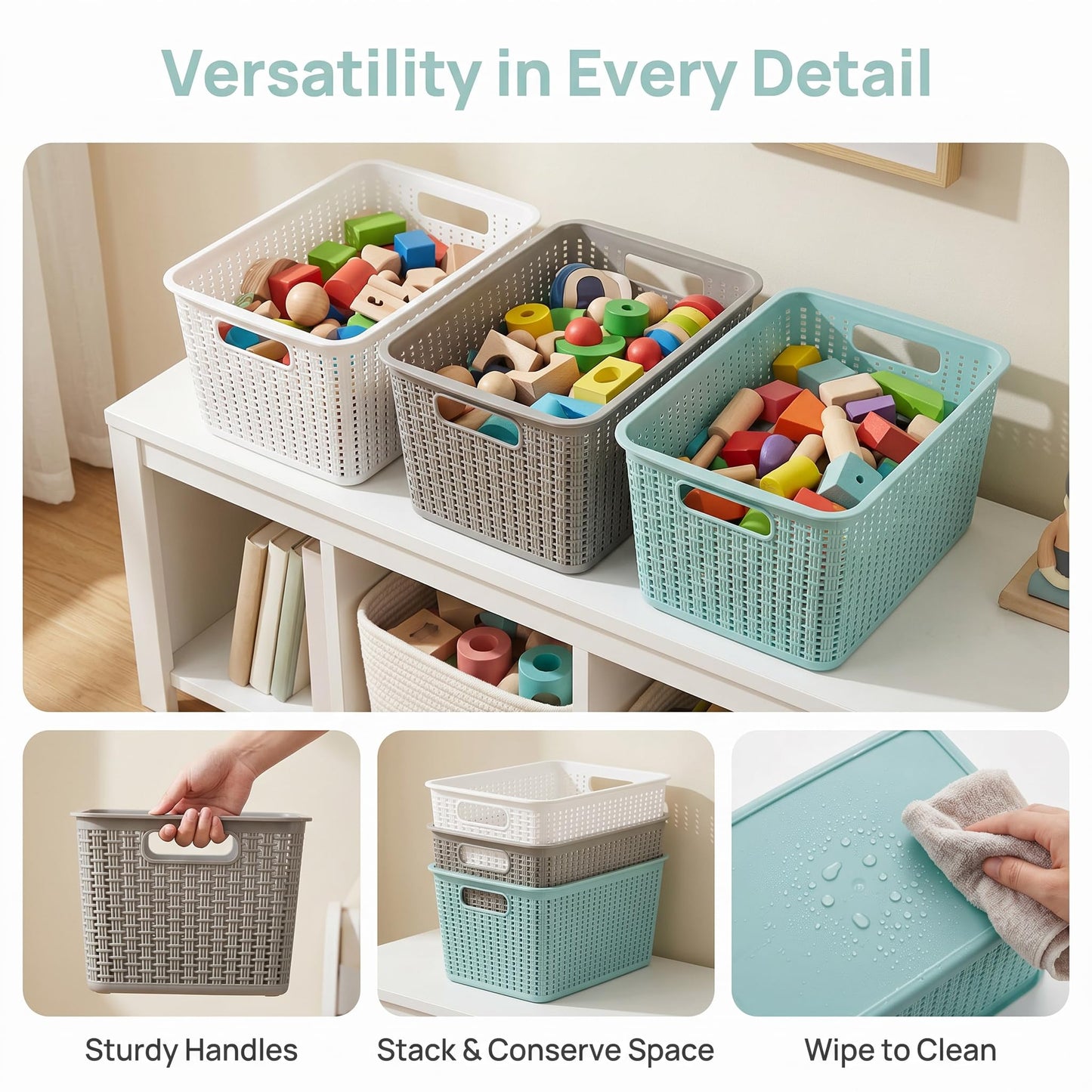 WUWEOT 9 Pack Plastic Storage Basket Bins Organizer, Cabinet and Shelf Basket with Handle, 25cm L x 17cm W x 14cm H, 3 Colors