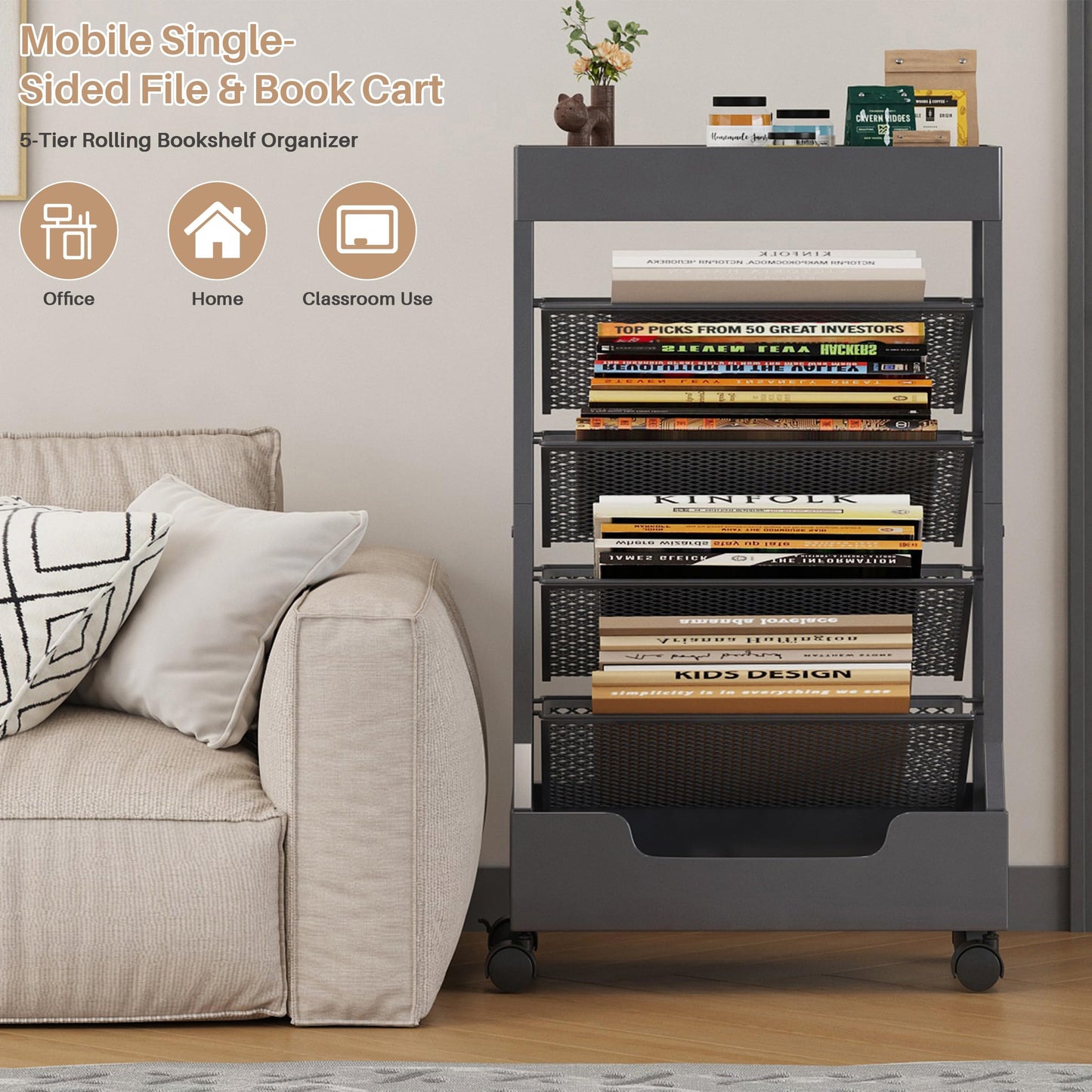 Ornestia Metal Book Trolley, Mobile Storage Bookcase with Wheels(Grey)