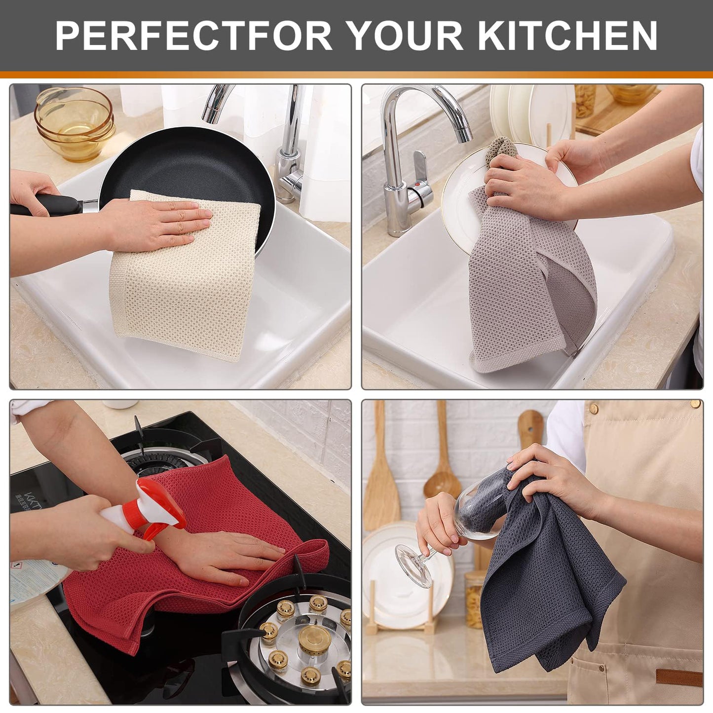 Kitinjoy 100% Cotton Waffle Weave Kitchen Towels, 4-Pack Super Soft and Absorbent Dish Towels for Drying Dishes, Kitchen Hand Towels, 13 in x 28 in