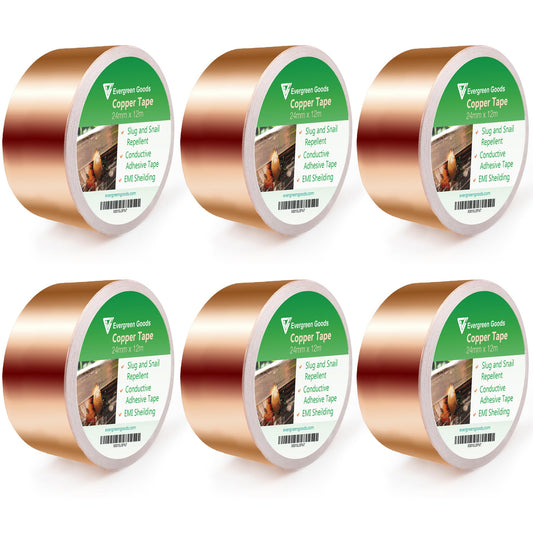 EVG 24mm x 12m Copper Slug Tape | Adhesive Copper Slug Snail Repellent | Slug Deterrent Barrier Tape | Humane Pest Control (6 Roll)