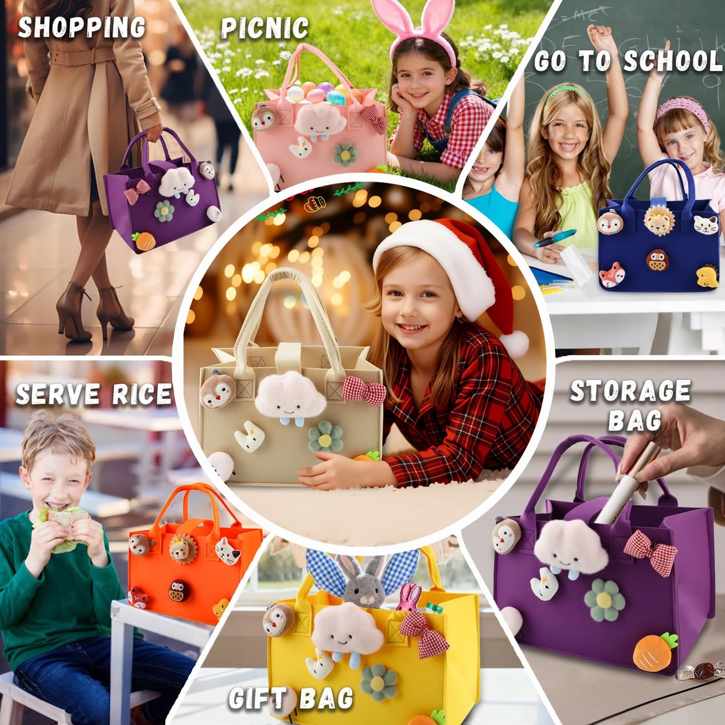 HUANYO Felt Storage Bag for Kids, 30x20x18 cm Colourful Toy Organiser with Handles, DIY Gift Bag for Holidays, Birthday, Christmas Presents (blue)