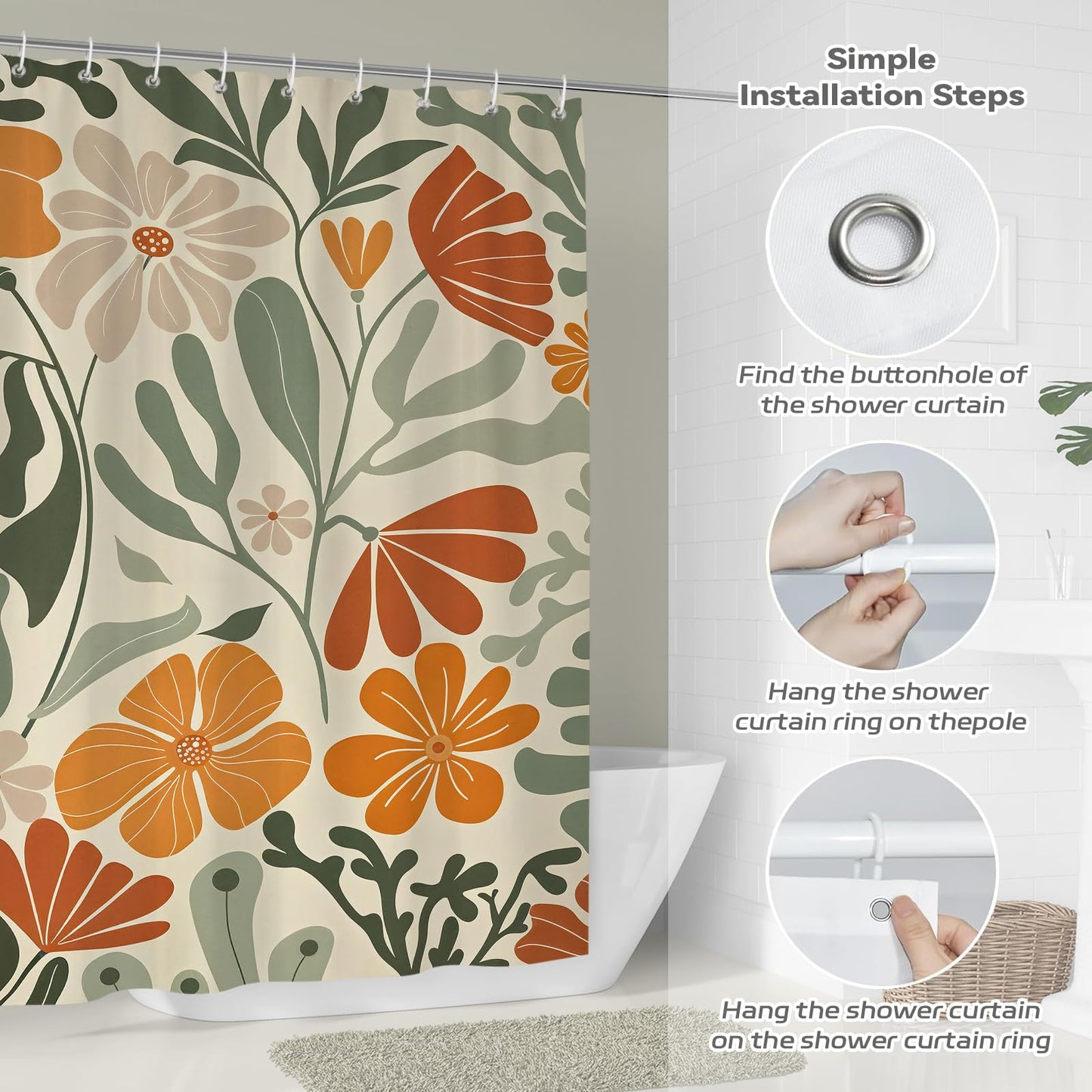 Hopomoon Orange Boho Shower Curtain,Cute Colorful Floral Abstract Plants Spring Bathroom Curtain with 12 Hooks,180 x 180cm