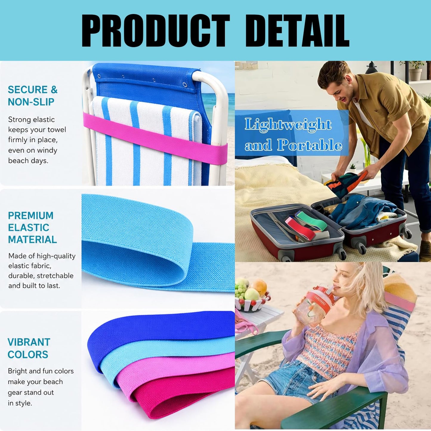 4 PCS Towel Bands For Sun Loungers, Elastic Sunbed Straps For Beach Towels, Windproof Beach Towel Bands For Cruise Chairs, Pool Chairs And Sunbeds