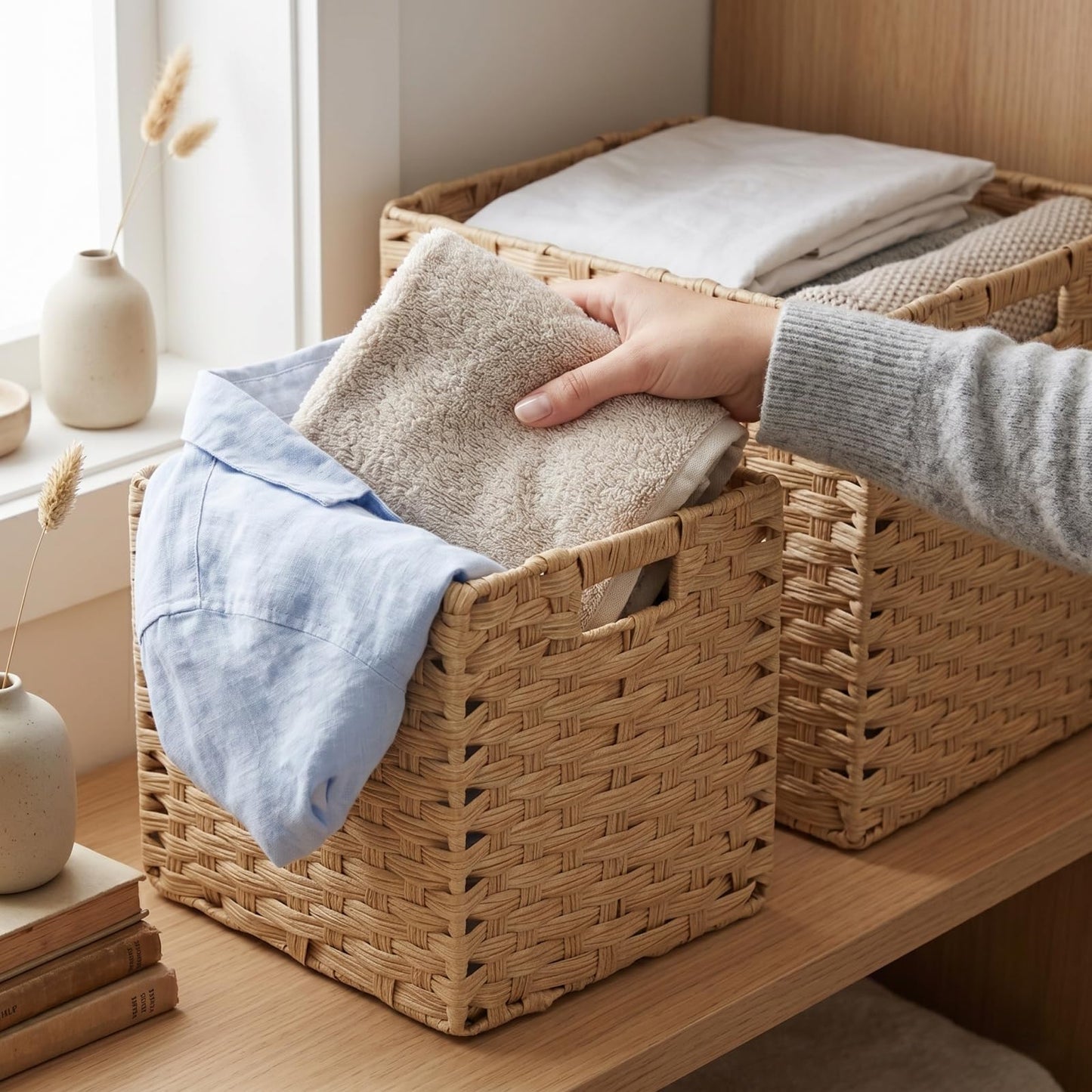 SOCOHOME Cube Storage Box,31x31x31cm Faux Rattan Boxes for Toy Clothes Shelf Nursery Closet Waterproof,Non-Mouldy(Light Beige, 4 Pcs)