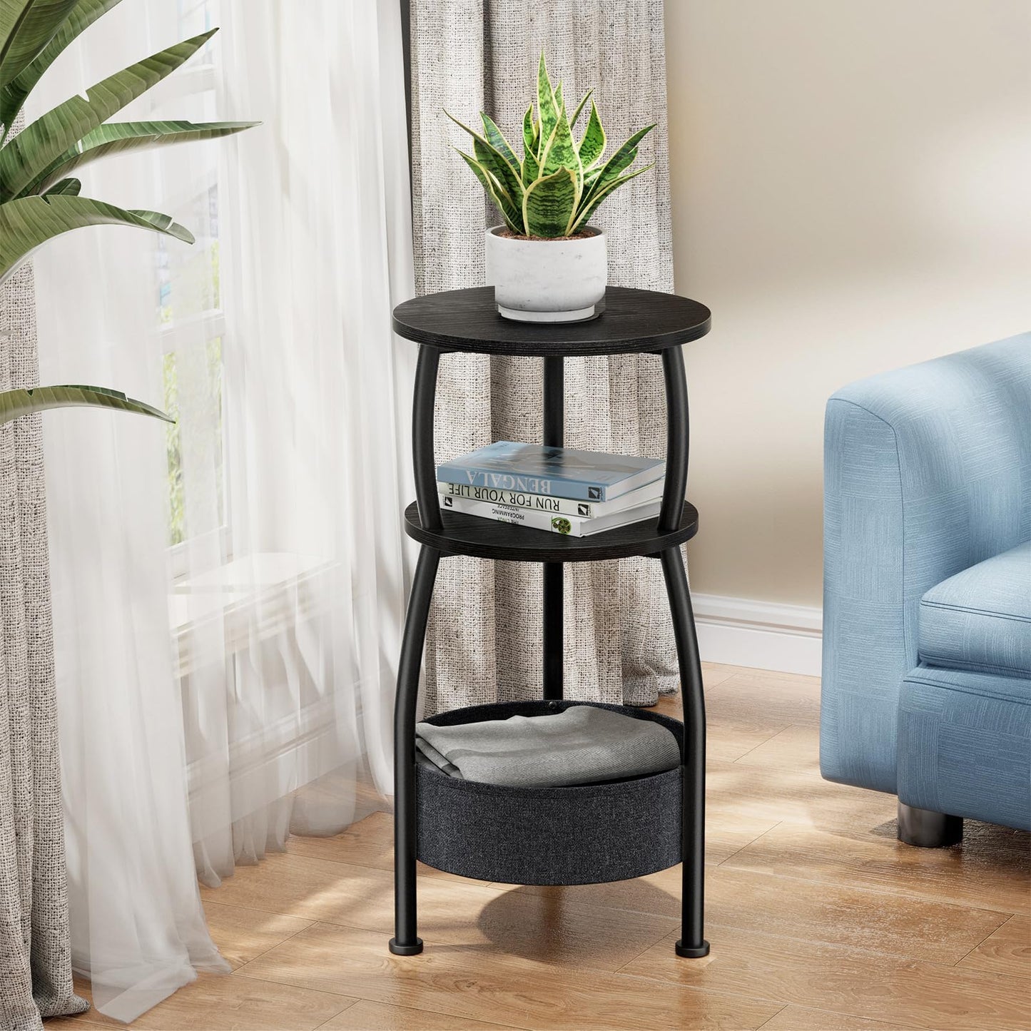 Yuede Round Side Table, 3 Tier Bedside Table, Small End Table with Fabric Basket, Coffee Table for Living Room, Bed Room, Small Space, Easy Assembly