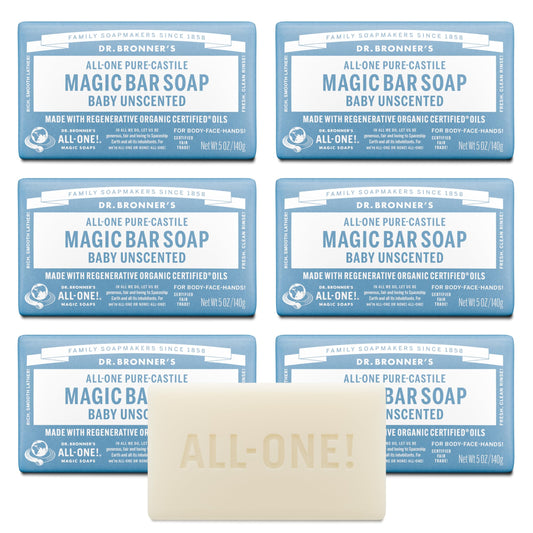Dr. Bronner's Pure-Castile Bar Soap - Baby Unscented, 5 oz (6 Pack)