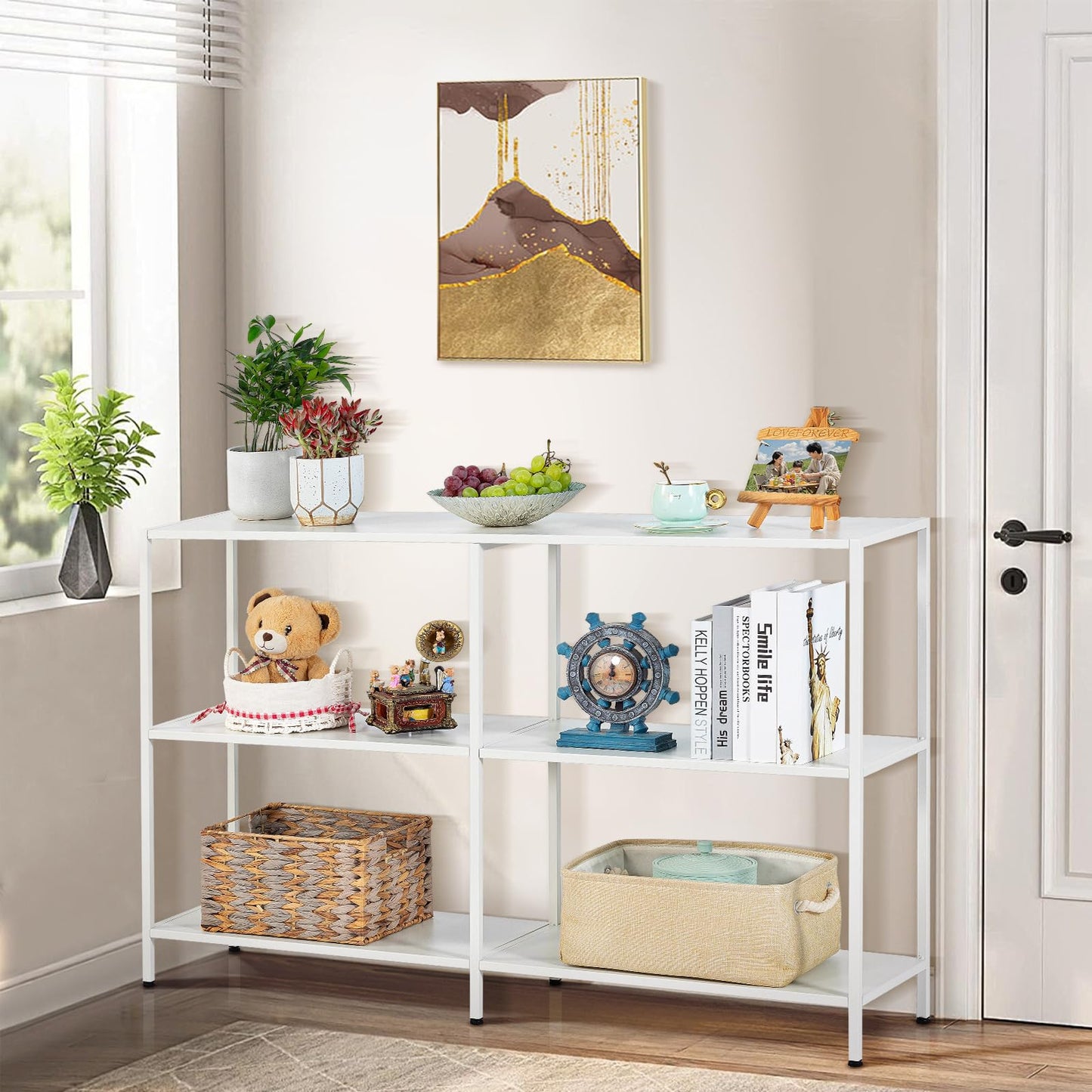 HDANI 120cm Metal Console Table with 3 Tier Strage Shelves,Narrow Entryway Table,Modern Sofa Tables for Entryway, Living Room,Bedroom,White