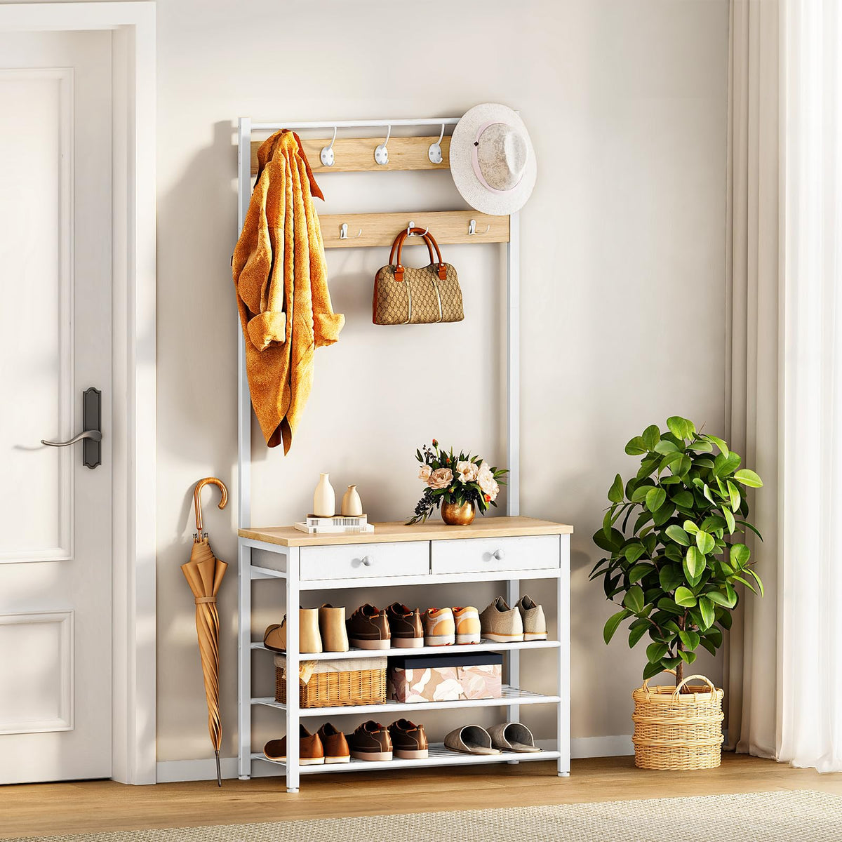 HOOBRO Coat and Shoe Rack, Coat Rack with Shoe Storage, Hall Tree with 2 Non-Woven Drawers, Coat and Shoe Storage for Hallway, Bedroom, Cloakroom