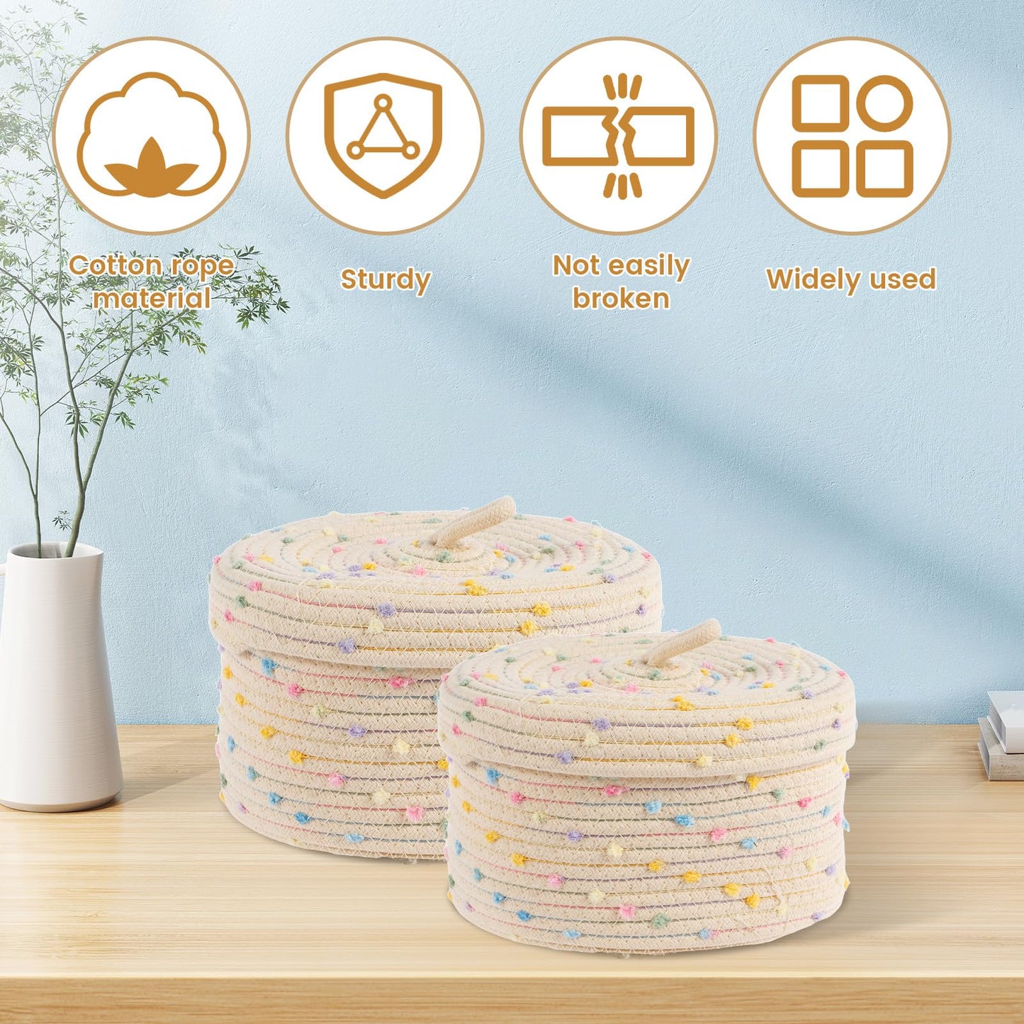 2Pcs Cotton Rope Storage Basket, 18.5cm 23cm Round Woven Shelf Storage Bin with Lid and Carrying Handle