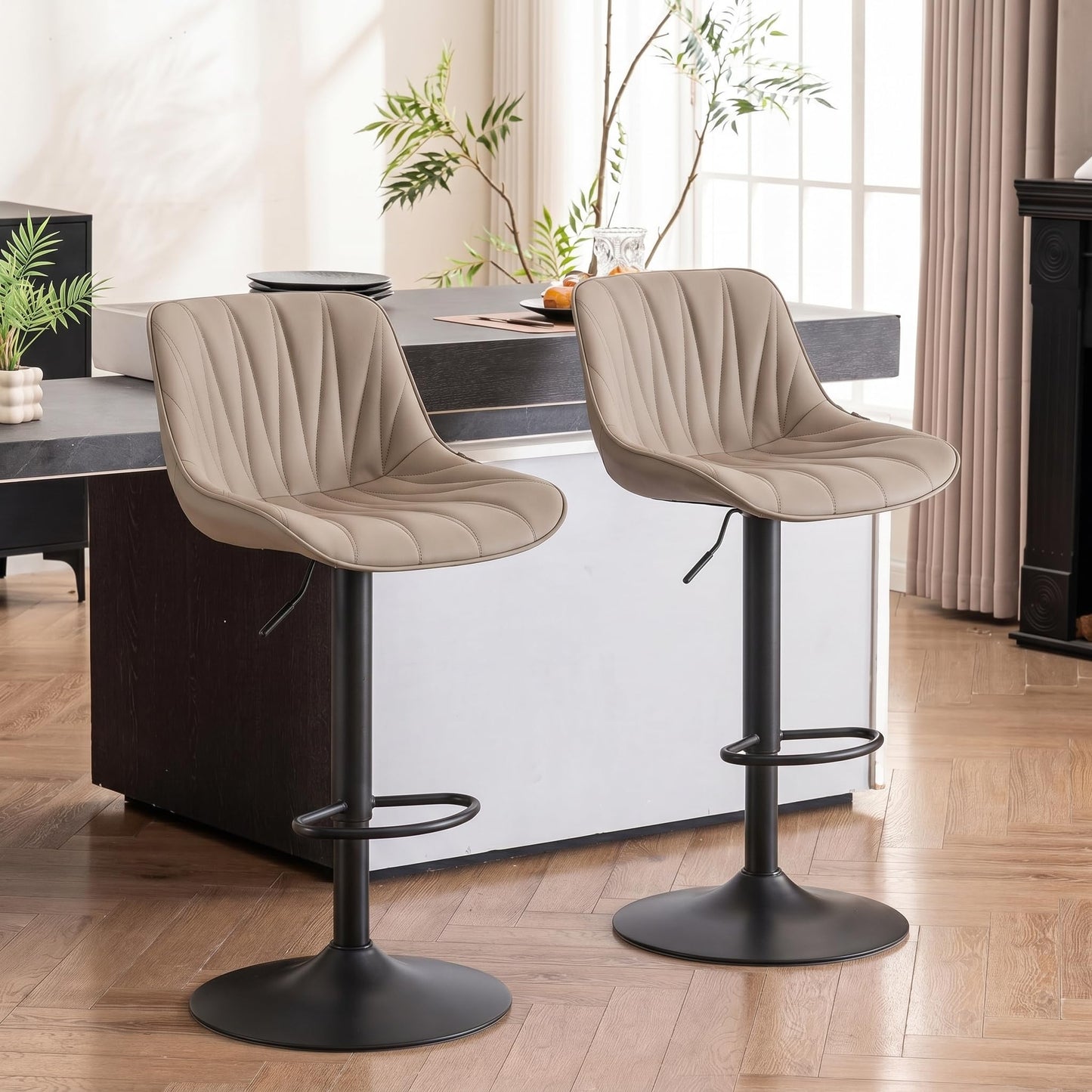 YOUNIKE Bar Stools Set of 2, Swivel Barstools with Back, Khaki