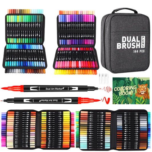 Sanyetral 144 Colouring Pens for Adults, Dual Tip Brush Pens, Felt Tip Pen Art Set with Coloring Books for Artists Writing, Drawing, Painting,
