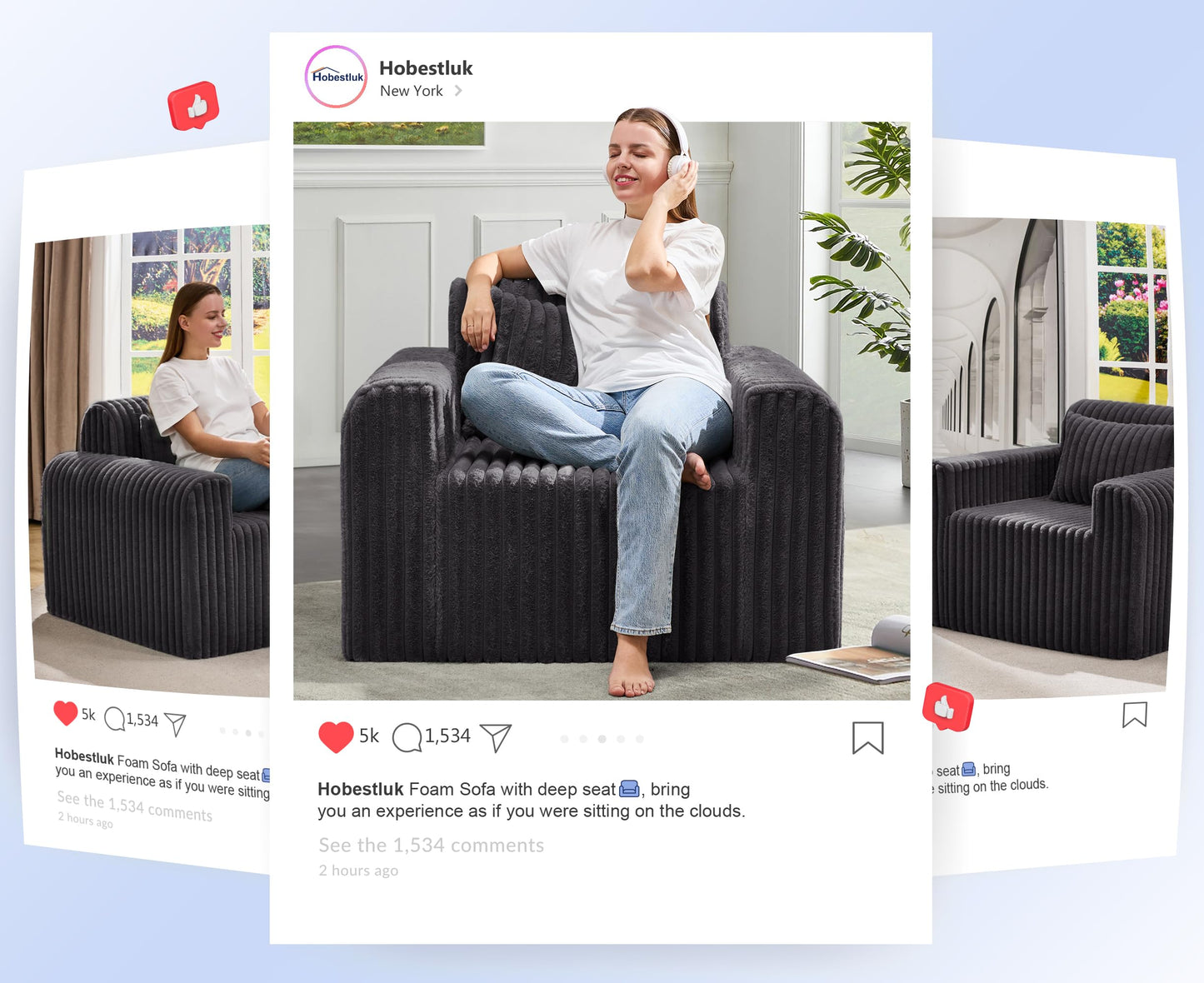 Hobestluk Single Foam Sofa with Pillows Comfy Furry Couch for Small Spaces