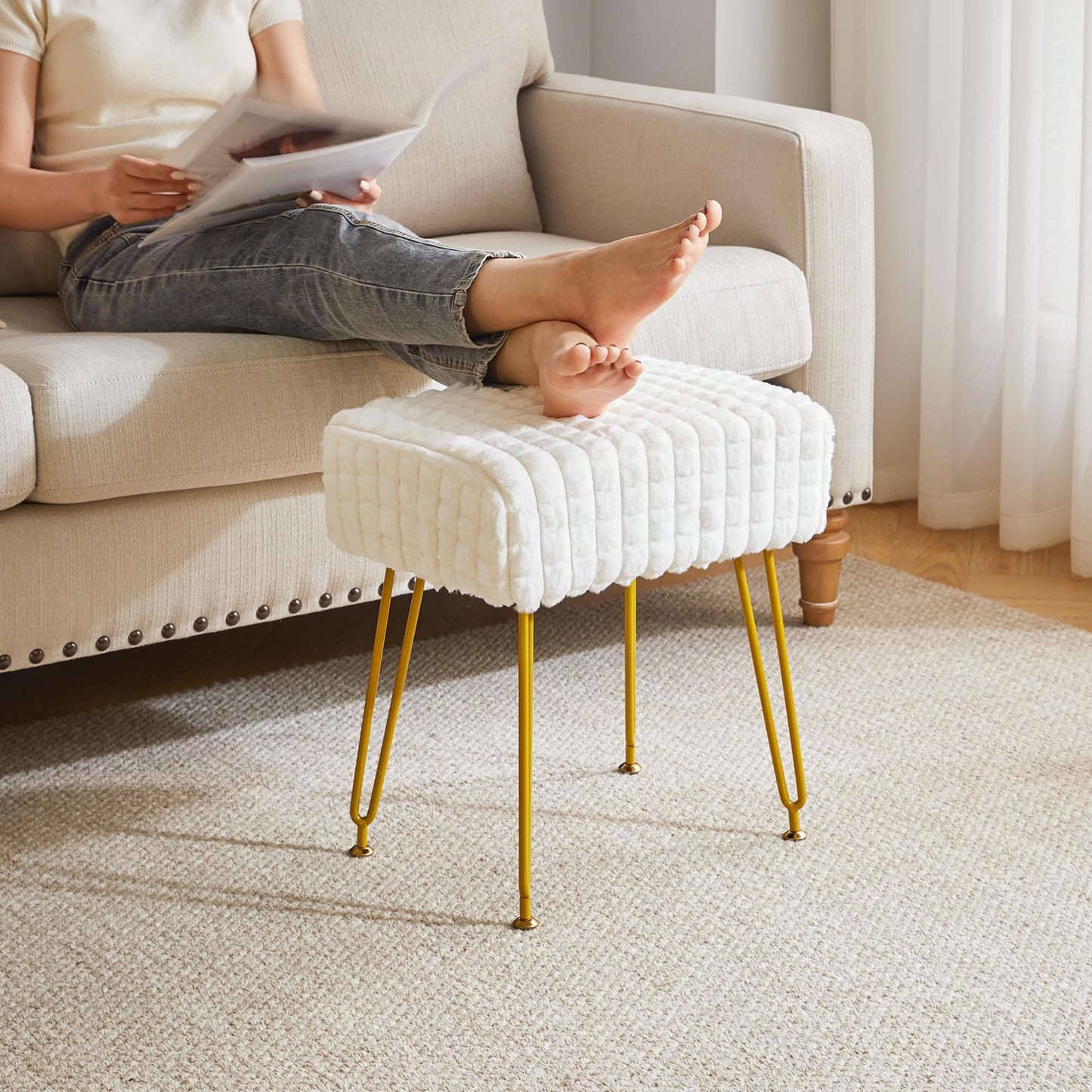 IBUYKE Makeup Vanity Chair, Rectangular Footrest Stool, White WBD003W