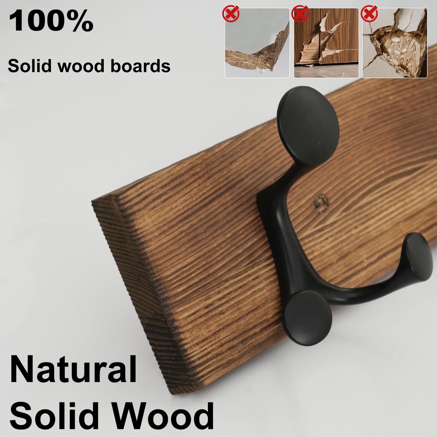 HONSKY Wall Mounted Coat Rack, 61cm Brown Pine Wood Base, 4 Black Sturdy Aluminium Alloy Triple Hooks(12 Hanging Points)