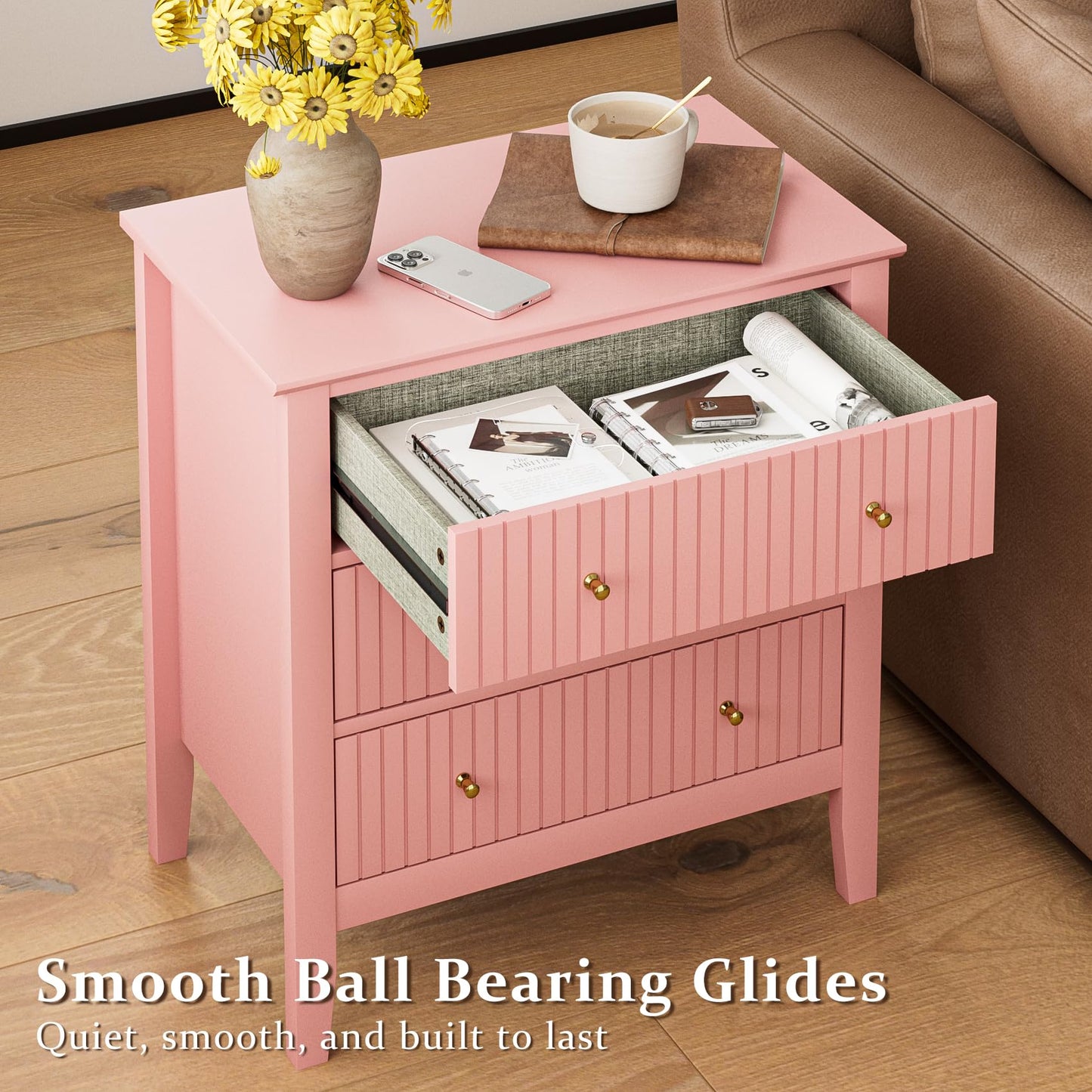 Apetaccat Large Bedside Table Bedroom, 3 Drawer Chest of Drawers, Bedside Cabinet With Metal Handles,for Bedroom Livingroom,Hallway,Pink