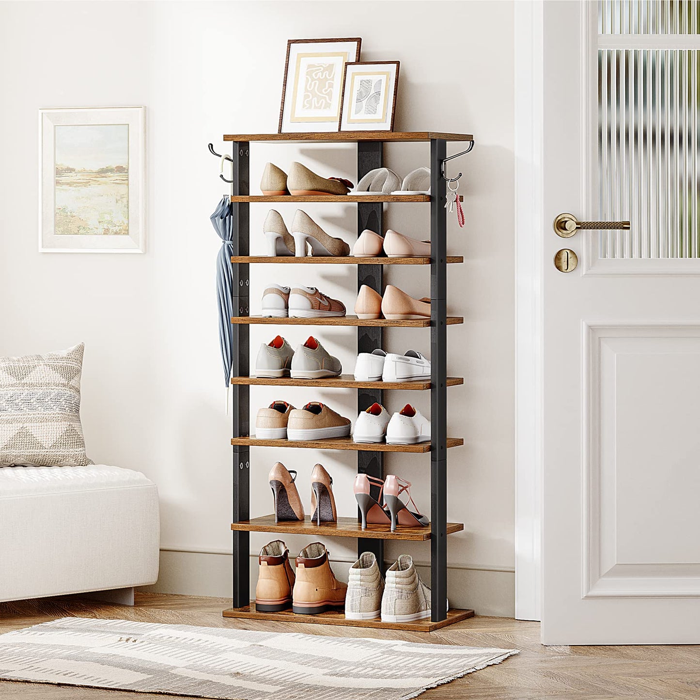 HOOBRO Shoe Rack Wooden, Tall Shoe Rack, Narrow Shoe Storage Organizer with 2 Hooks, Slim Narrow Shelf, Vertical Tower for Entrance, Living Room