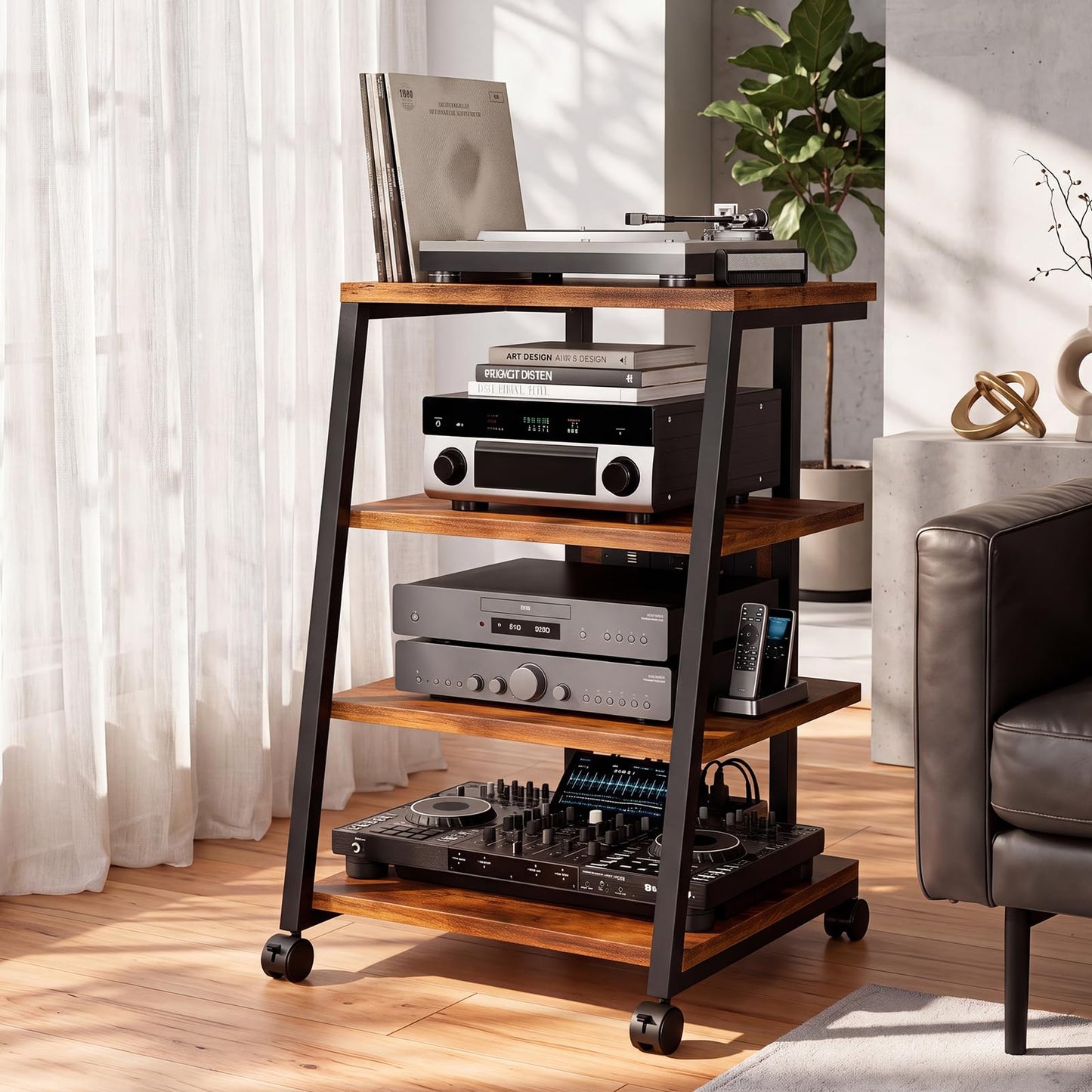 WUDLEP HiFi Stand, 4-Tier AV Media Stand with Power Strip and Wheels