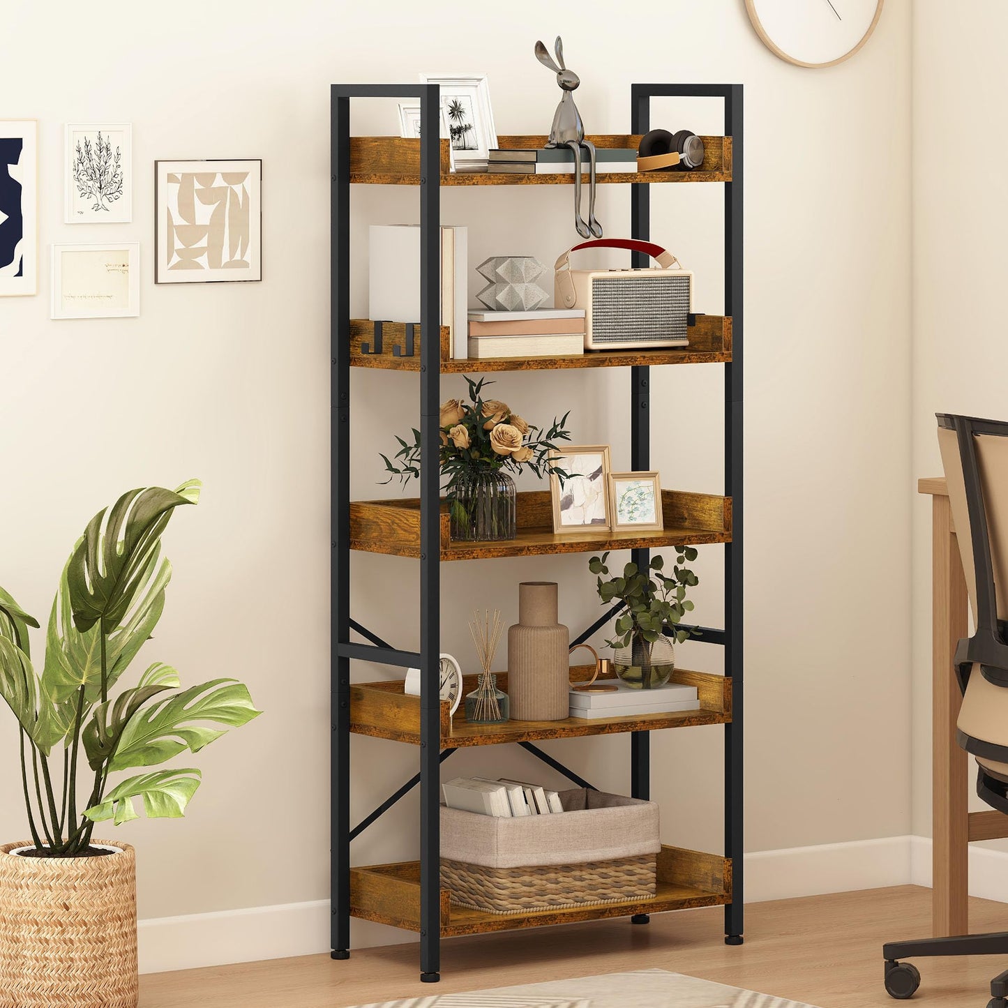 DWVO Tall Bookcase 5 Tiers, Floor Standing Industrial Book Shelf 64cm Wide 160cm High Large Book Case Wooden Shelf and Metal Shelving Unit Display