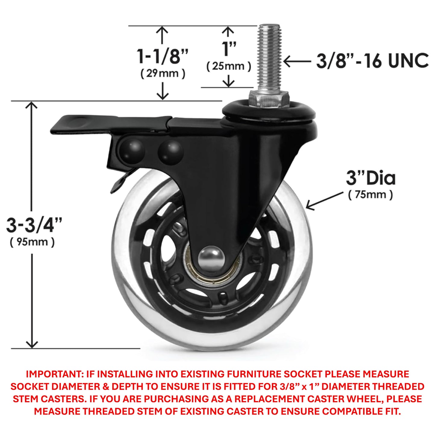 Slipstick CB693 Premium 3 Inch Rubber Caster Wheels with Brake (4 Pack) Replacement Rollerblade Style Swivel Casters with 3/8”– 16x1” Threaded Stem