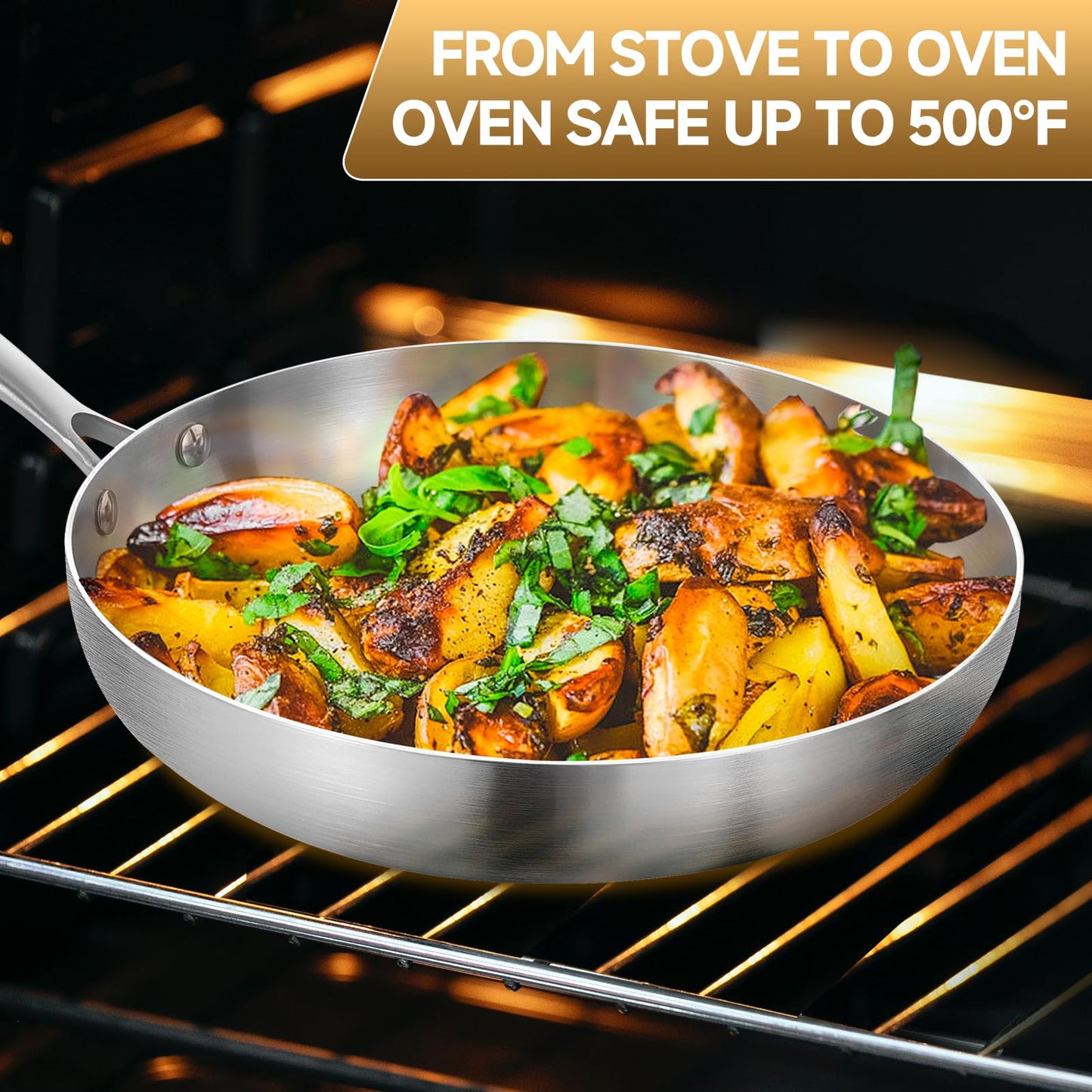 Inqibee 22 CM Tri-Ply Stainless Steel Frying Pan with Lid,Skillet,Induction Cooking Pan,Dishwasher and Oven Safe