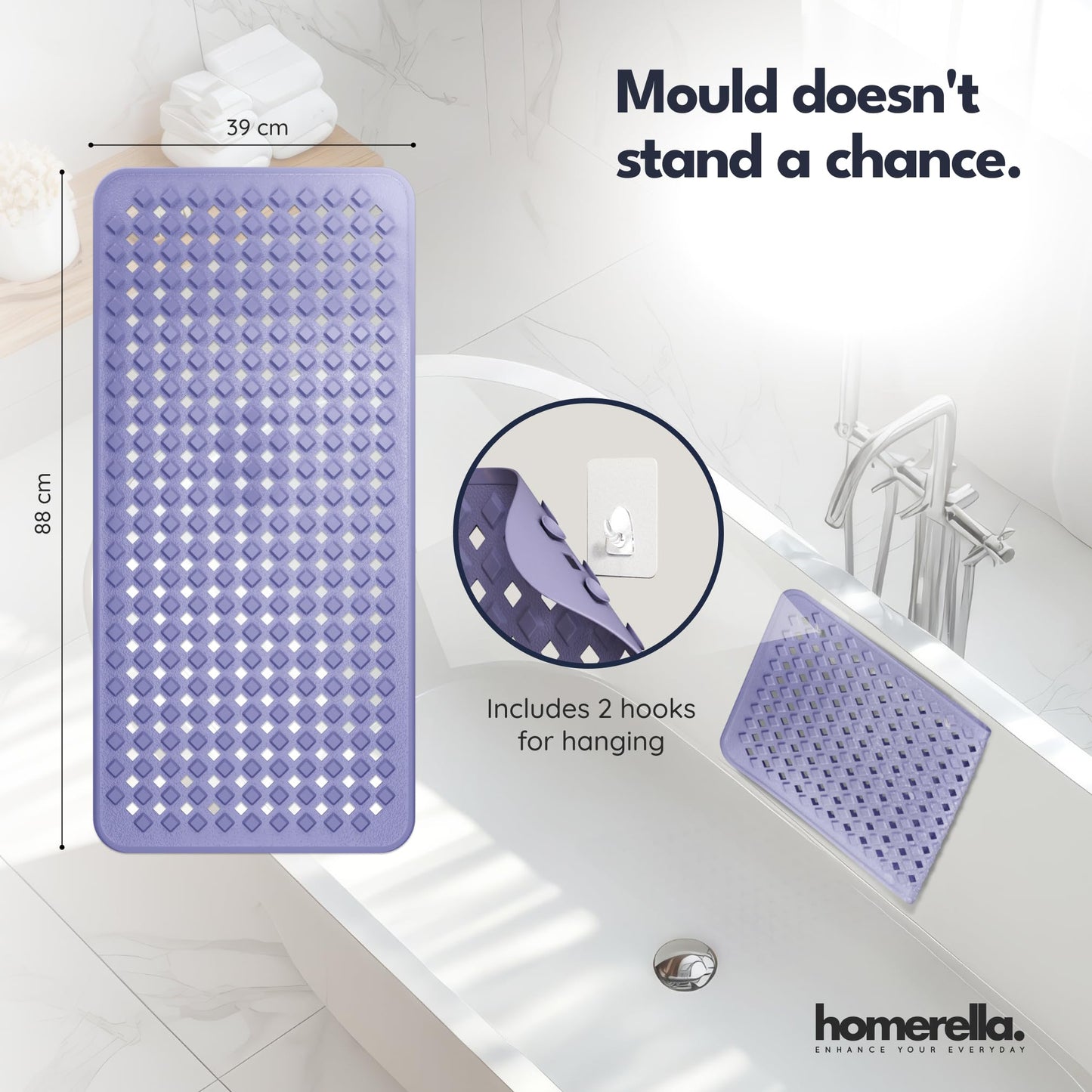 homerella Bath Mat Non Slip Anti Mould 88x39cm Shower Mat Non Slip Bath Mat
