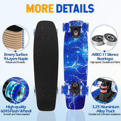 GIEEU Skateboards with Colorful Flashing Wheels for Beginners, Kids, Teens, Adults, 21.8" x 6.1", Complete Standard Skateboards, 9 Layers Maple Deck,