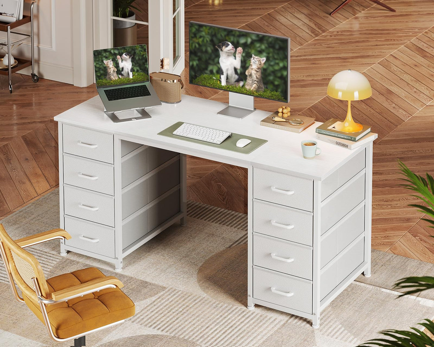 Coleshome Computer Desk with 8 Fabric Drawers, Office Desk with Storage