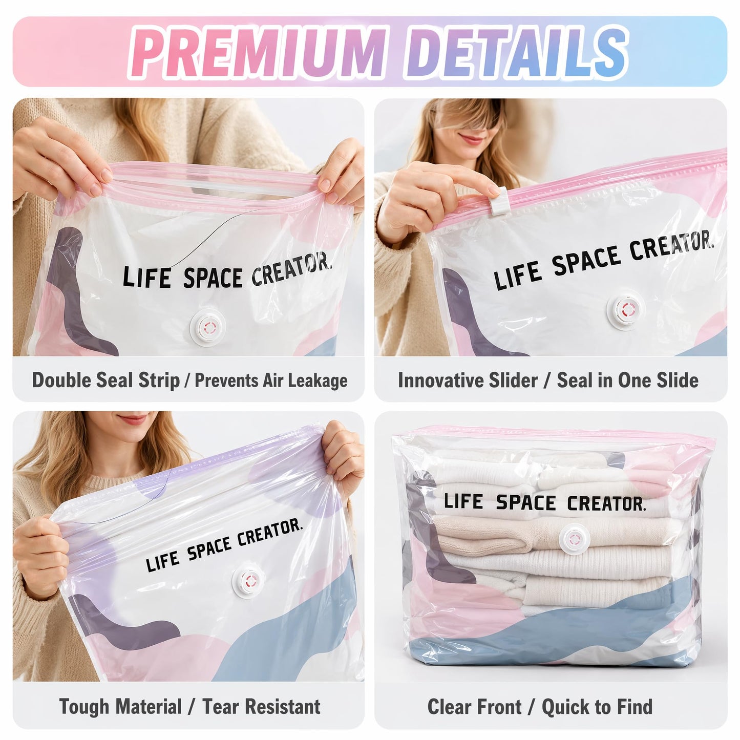 No Pump Vacuum Storage Bags, 4PCS Press and Seal Compression Bags