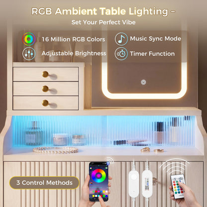 IRONCK Dressing Table with LED Mirror & RGB Lights, Makeup Vanity with Sliding Door Hidden Storage, Power Outlet, Hairdryer Holder