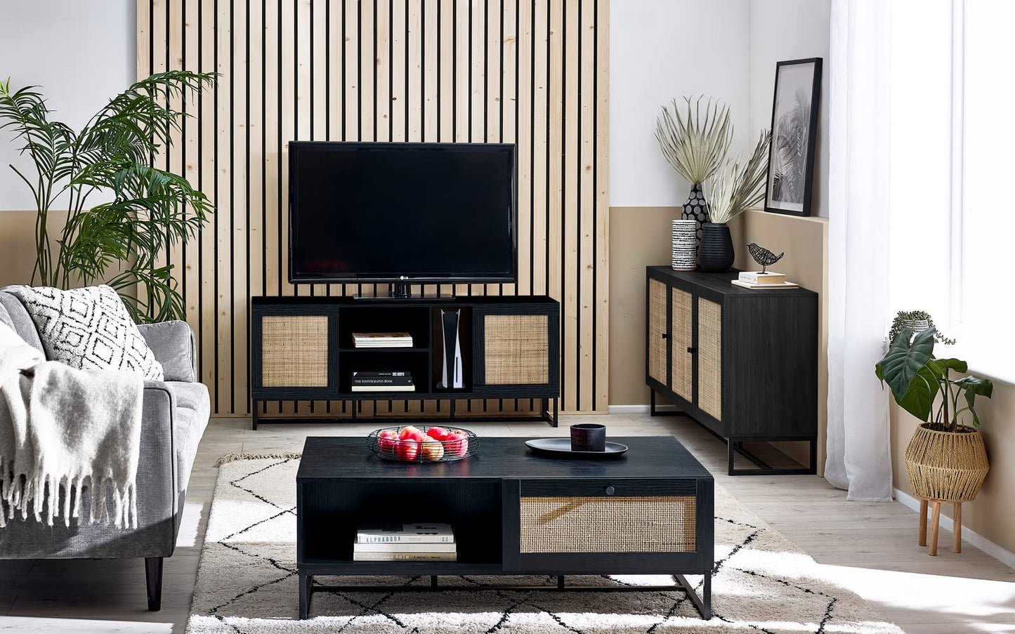 Julian Bowen Padstow Sideboard, Rattan Doors, Black - H75 x W160 x D40cm