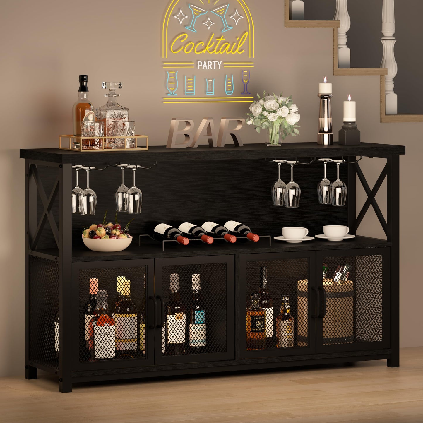 LVB Wine Bar Cabinet Industrial Coffee Bar Cabinets 120cm Black Oak