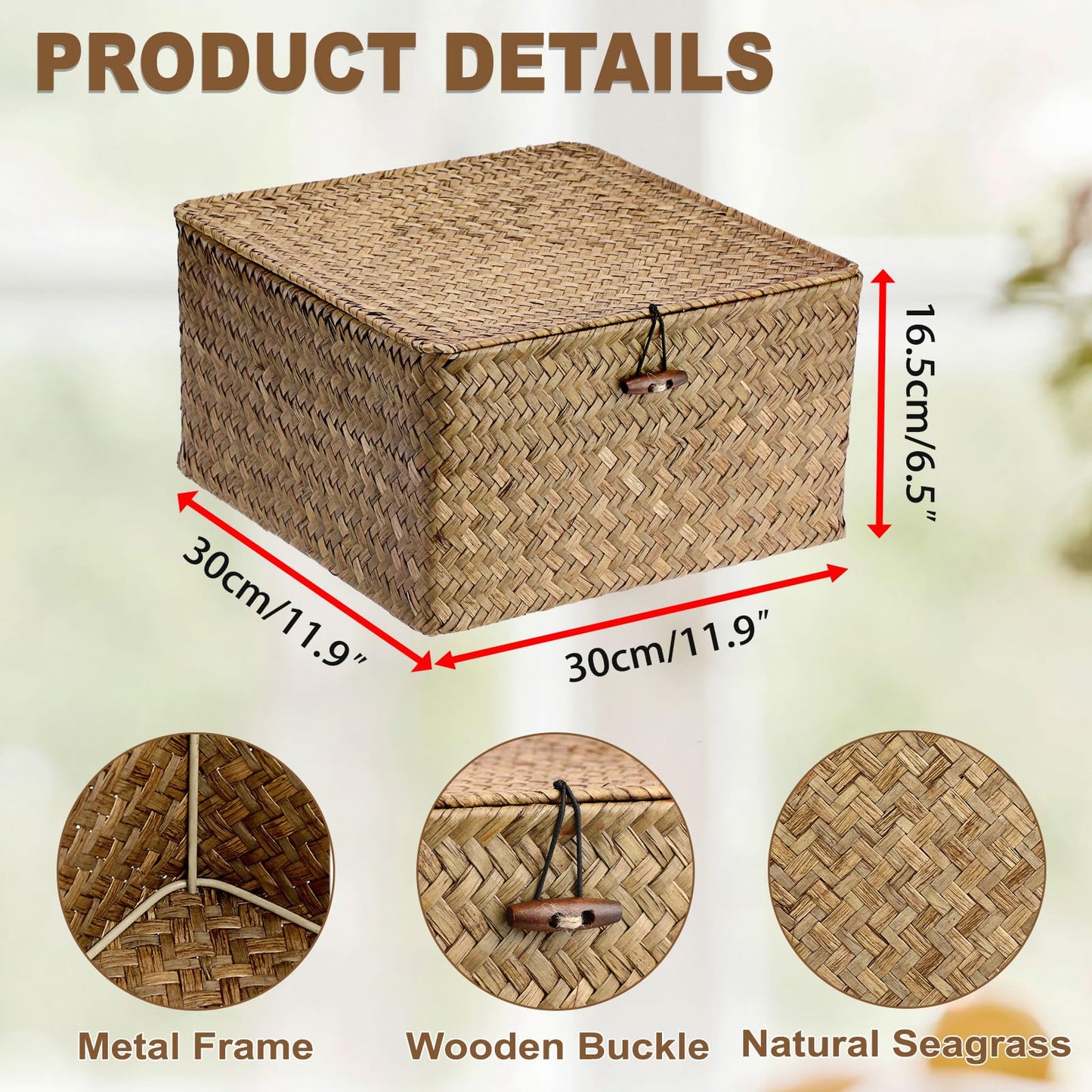 IGNPION Seagrass Storage Basket with Lid Woven Wicker Desktop Basket Rectangular Bathroom Storage Organiser Box