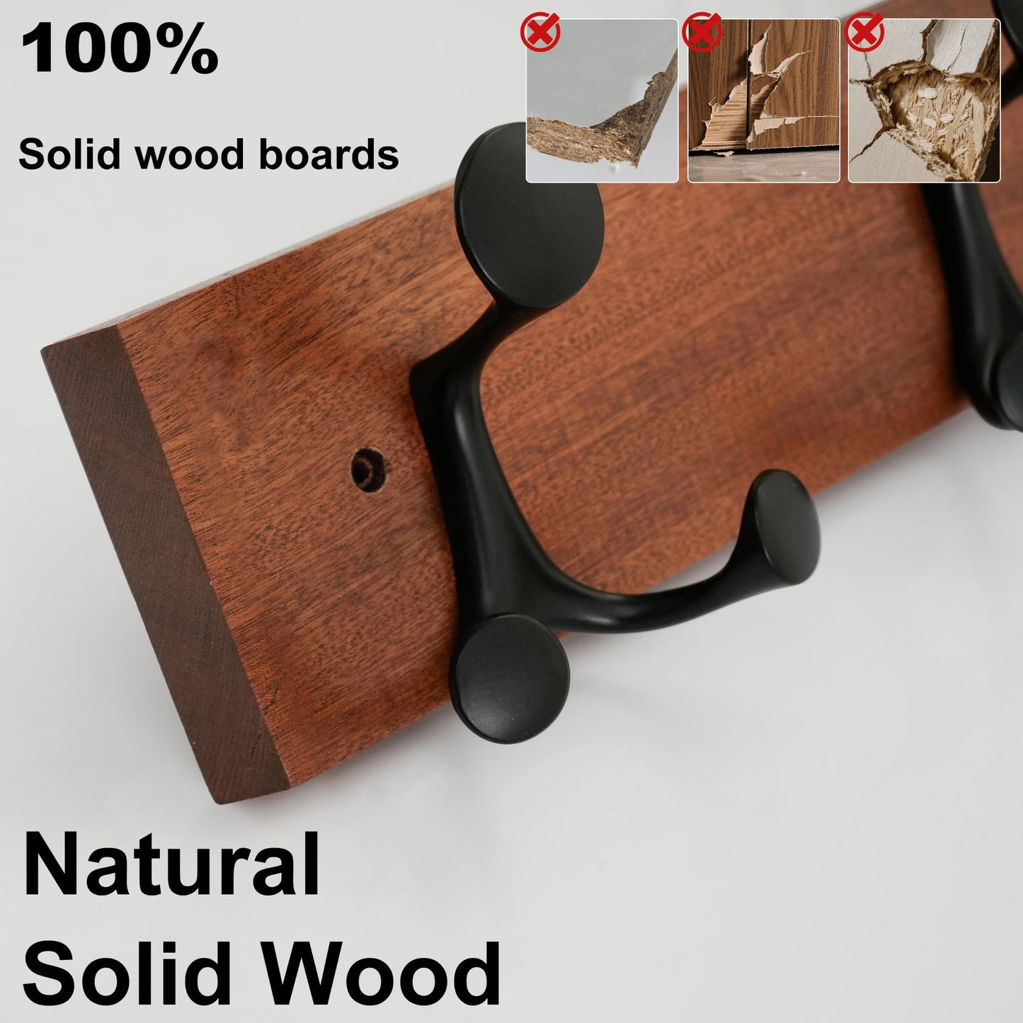 HONSKY Wall Mounted Coat Rack, 61cm Solid Sapele Wood Backboard, 4 Black Sturdy Aluminium Alloy Triple Hooks(12 Hanging Points)