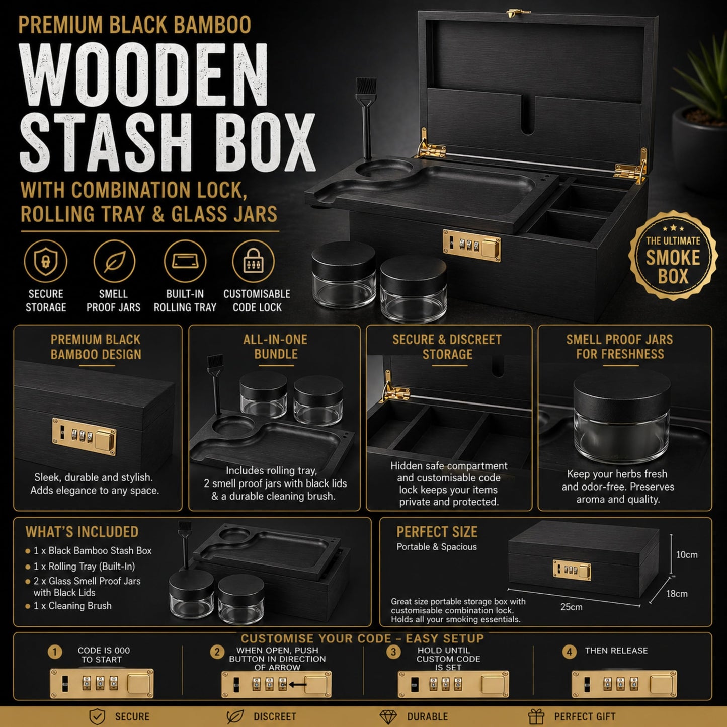 UkGlass Large Bamboo Wooden Stash Box with combination Lock, Rolling Tray and Glass Storage Jars