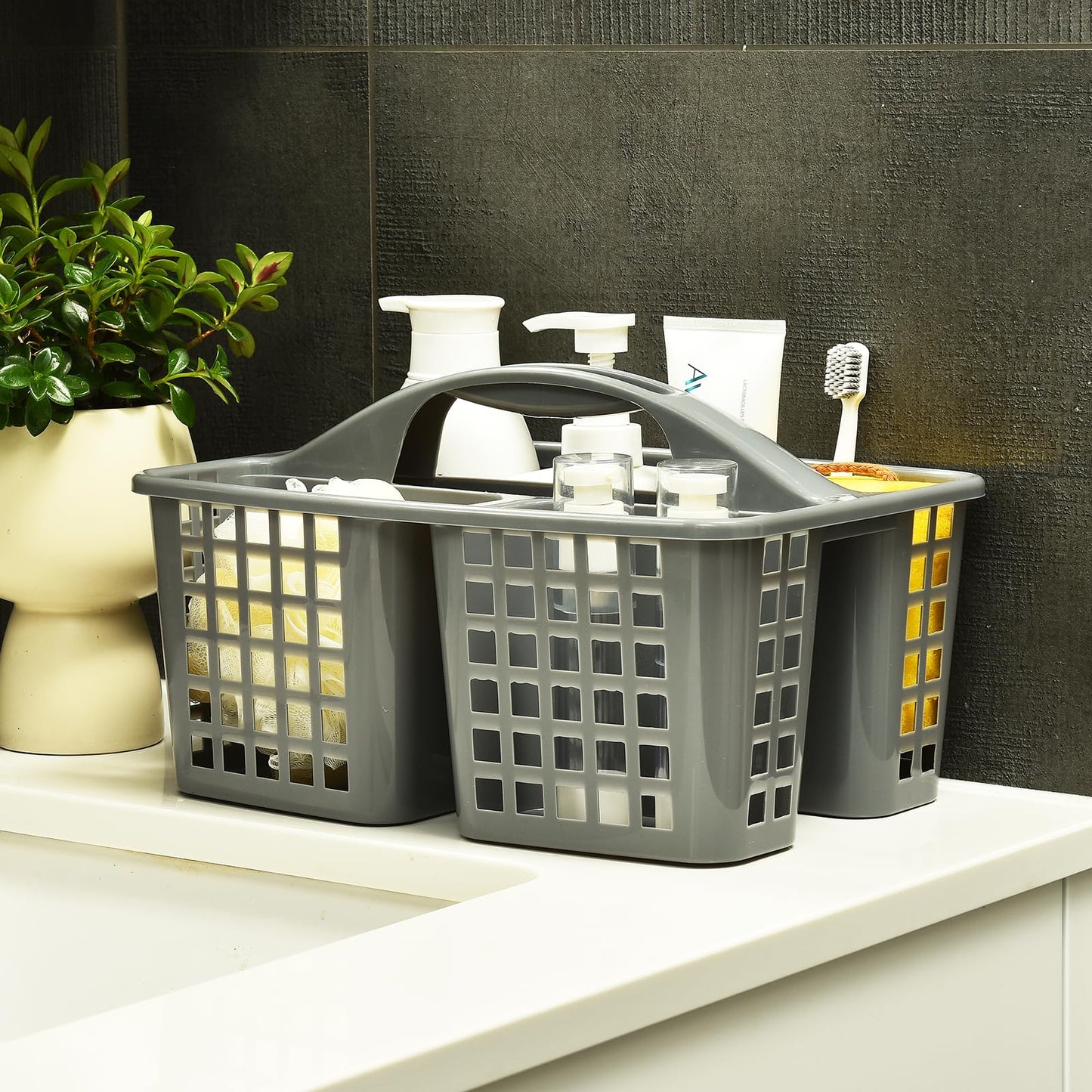 ALINK Plastic Shower Caddy Basket with Compartments, Portable Divided Cleaning Supply Storage Organizer with Handle for College Dorm Bathroom-Grey