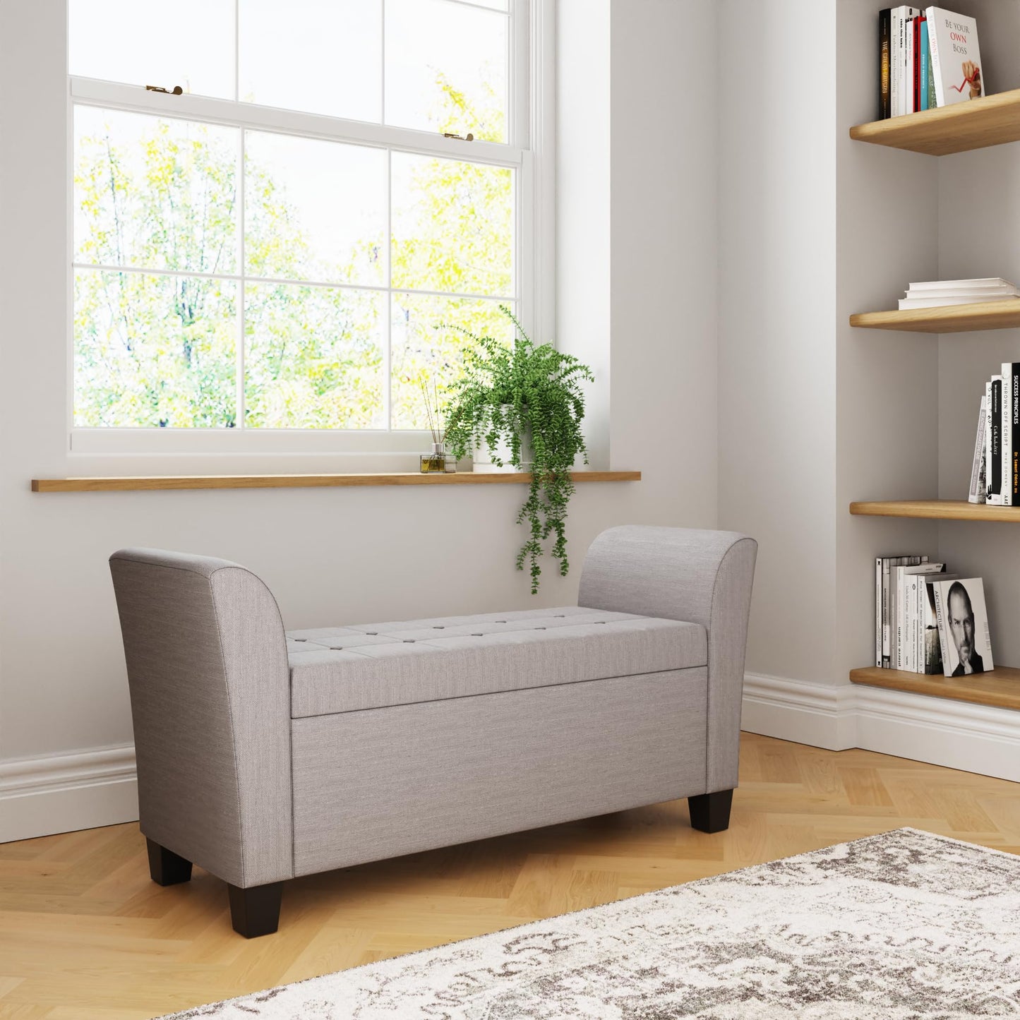 GFW Verona Window Seat Ottoman, Grey Fabric Storage Bench with Button Tufted Lid, Upholstered Hallway and Bedroom Seating with Hidden Storage
