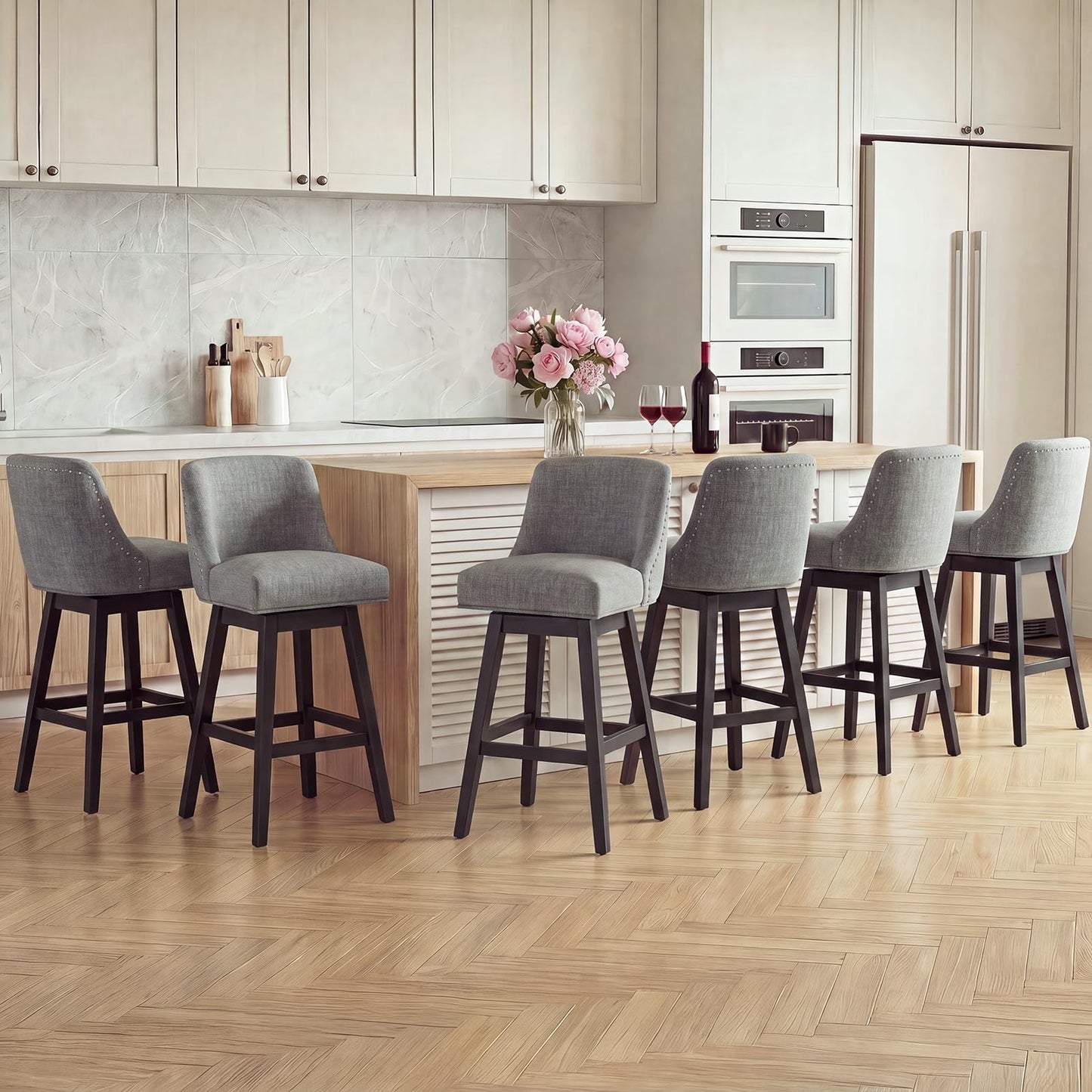 Bar Stools Set of 6, 360° Swivel Upholstered Counter Stools with Back, Wooden Frame Kitchen Bar Chairs with Nailhead Trim