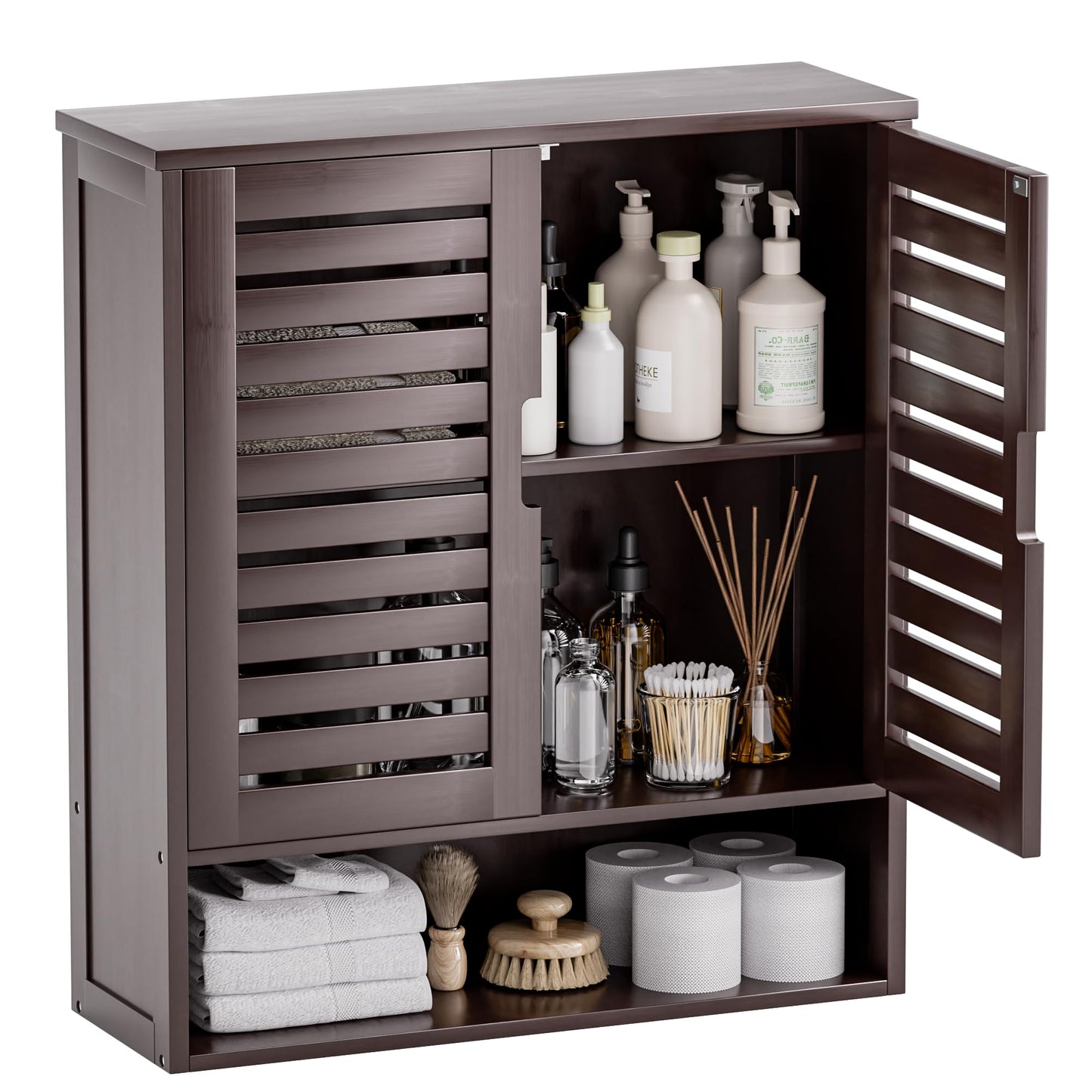 SMIBUY Bathroom Cabinet Wall Mounted, Bamboo Over-The-Toilet Storage Organizer, Space Saver Medicine Cabinet with 2 Door and Adjustable Shelves