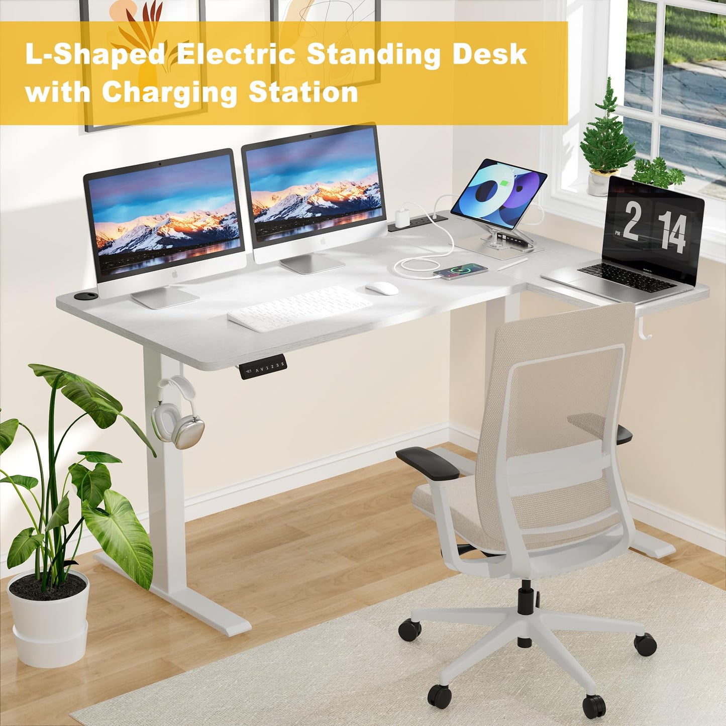 COWISH Electric Standing Desk 120x60cm Sit Stand Table Height Adjustable L Shaped Standing Desk with Built-in Power Outlet & Memory Smart Panel, White